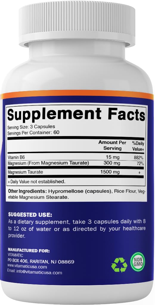 Vitamatic Magnesium Taurate 1500mg capsules arranged on a table