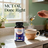 Vitamatic MCT Oil Capsules with a background of healthy foods