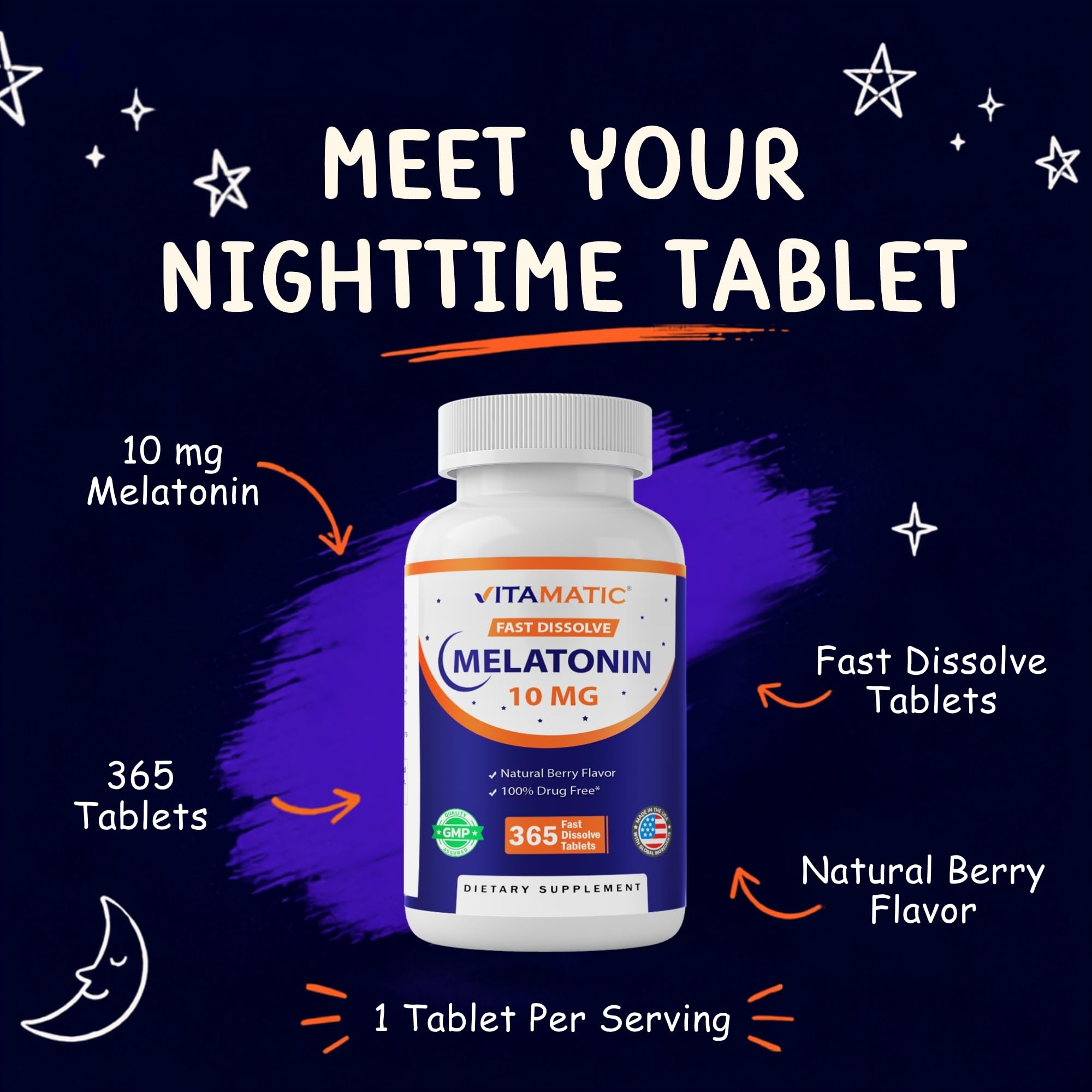 Vitamatic Melatonin 10 mg fast dissolve tablets back view