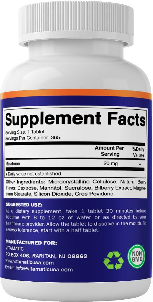 Vitamatic Melatonin 20 mg fast dissolve tablets on a bedside table