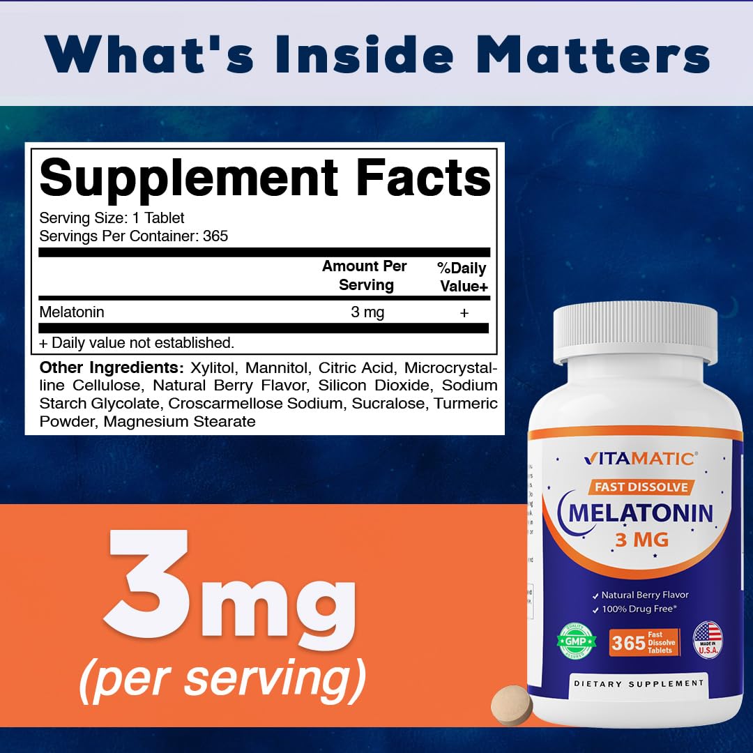 Vitamatic Melatonin 3 mg Fast Dissolve Tablets, Berry Flavor, back view