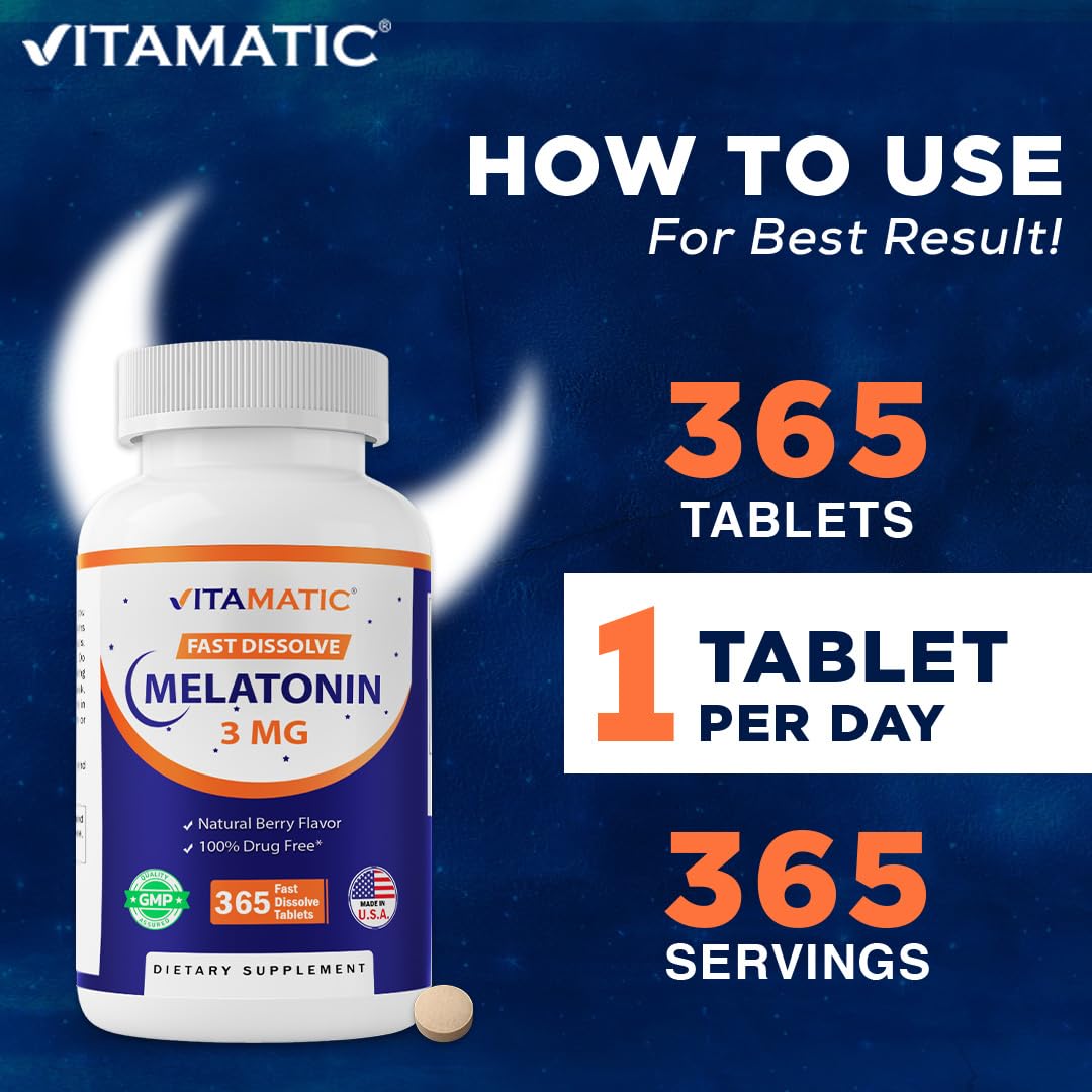 Vitamatic Melatonin 3 mg Fast Dissolve Tablets, Berry Flavor, packaging