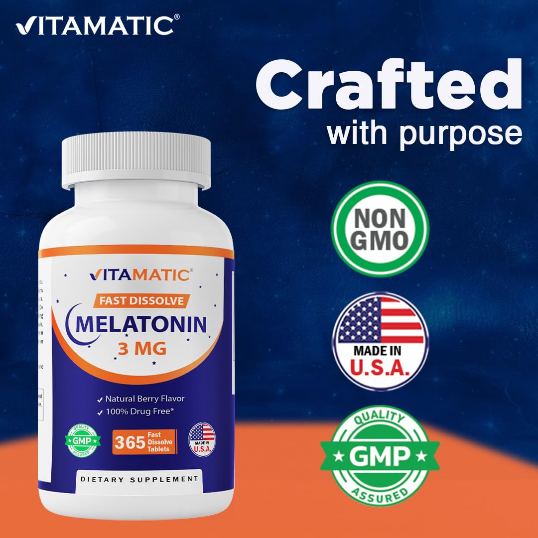 Vitamatic Melatonin 3 mg Fast Dissolve Tablets, Berry Flavor, side view