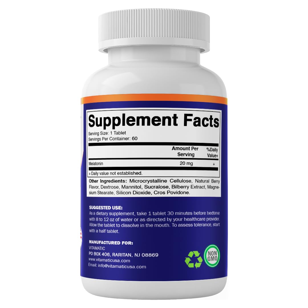 Vitamatic Melatonin Fast Dissolve Tablets 20mg on a wooden table