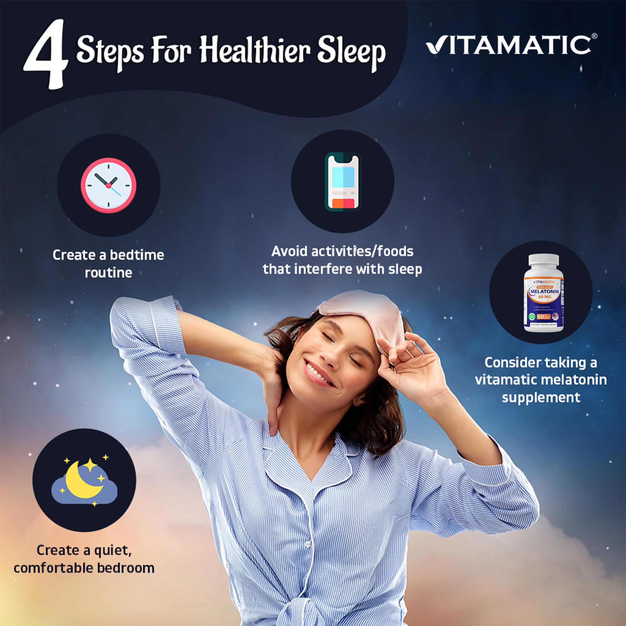 Vitamatic Melatonin Fast Dissolve Tablets 60mg on a table