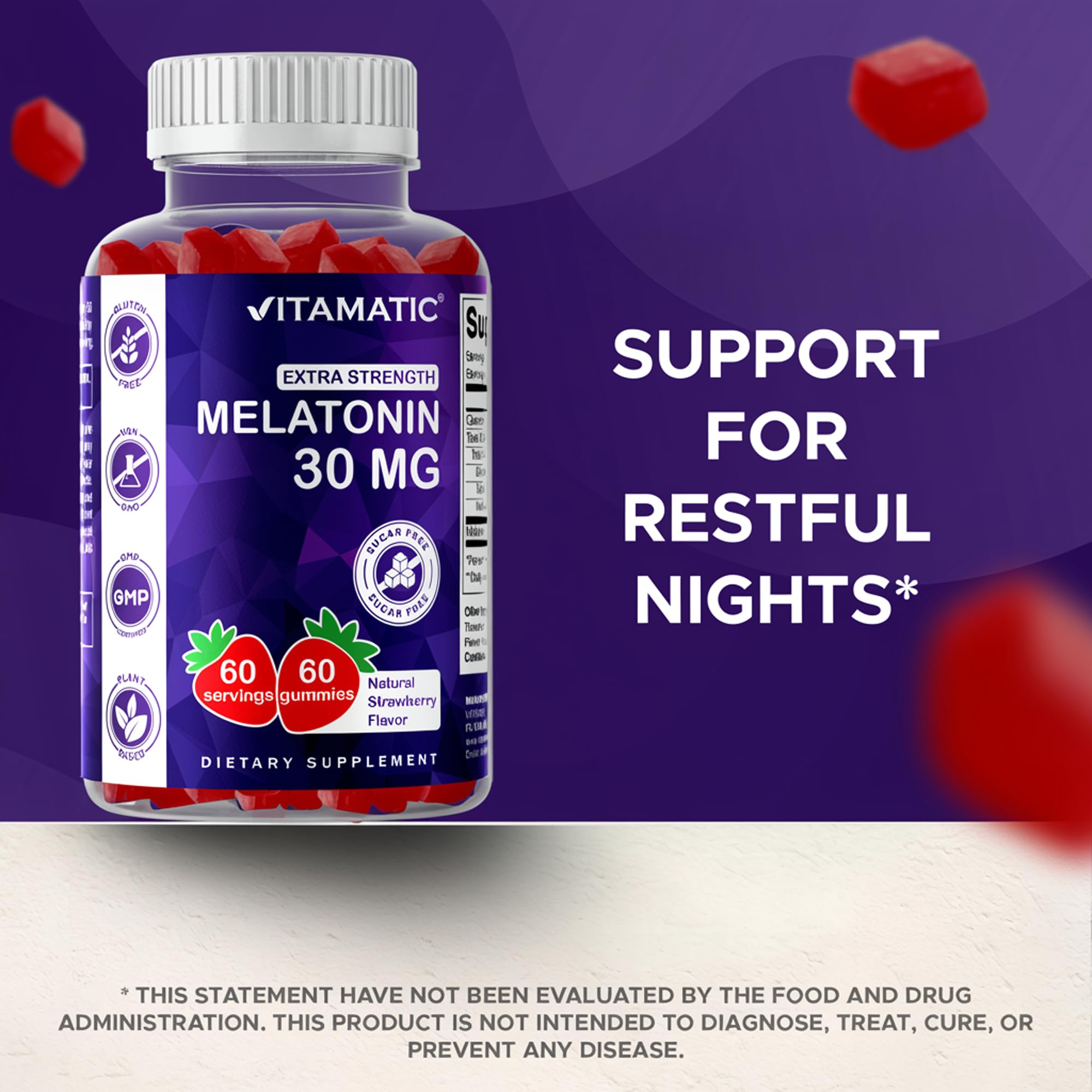 Vitamatic Melatonin Gummies 30mg on a wooden table