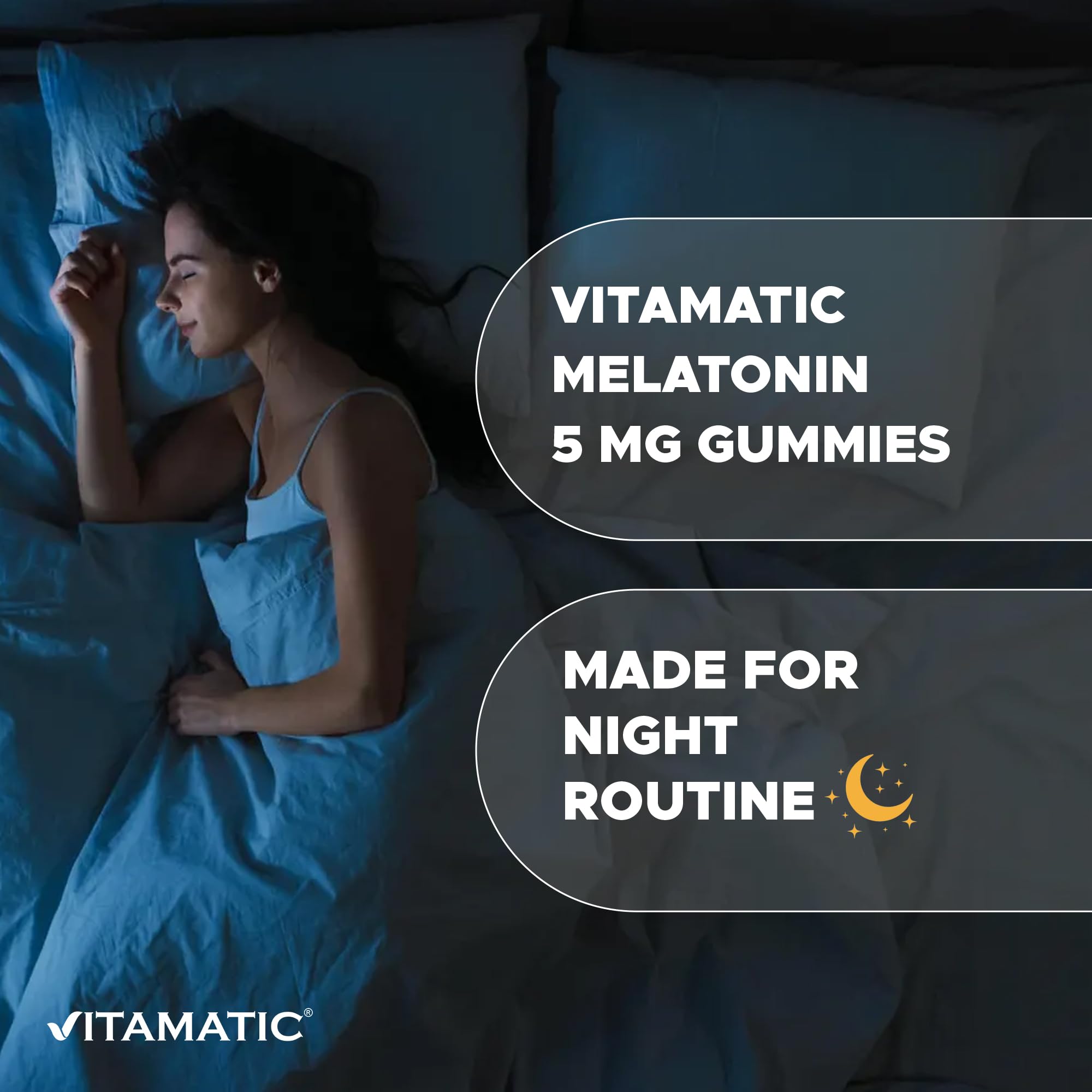 Vitamatic Melatonin Gummies bottle back view with ingredients