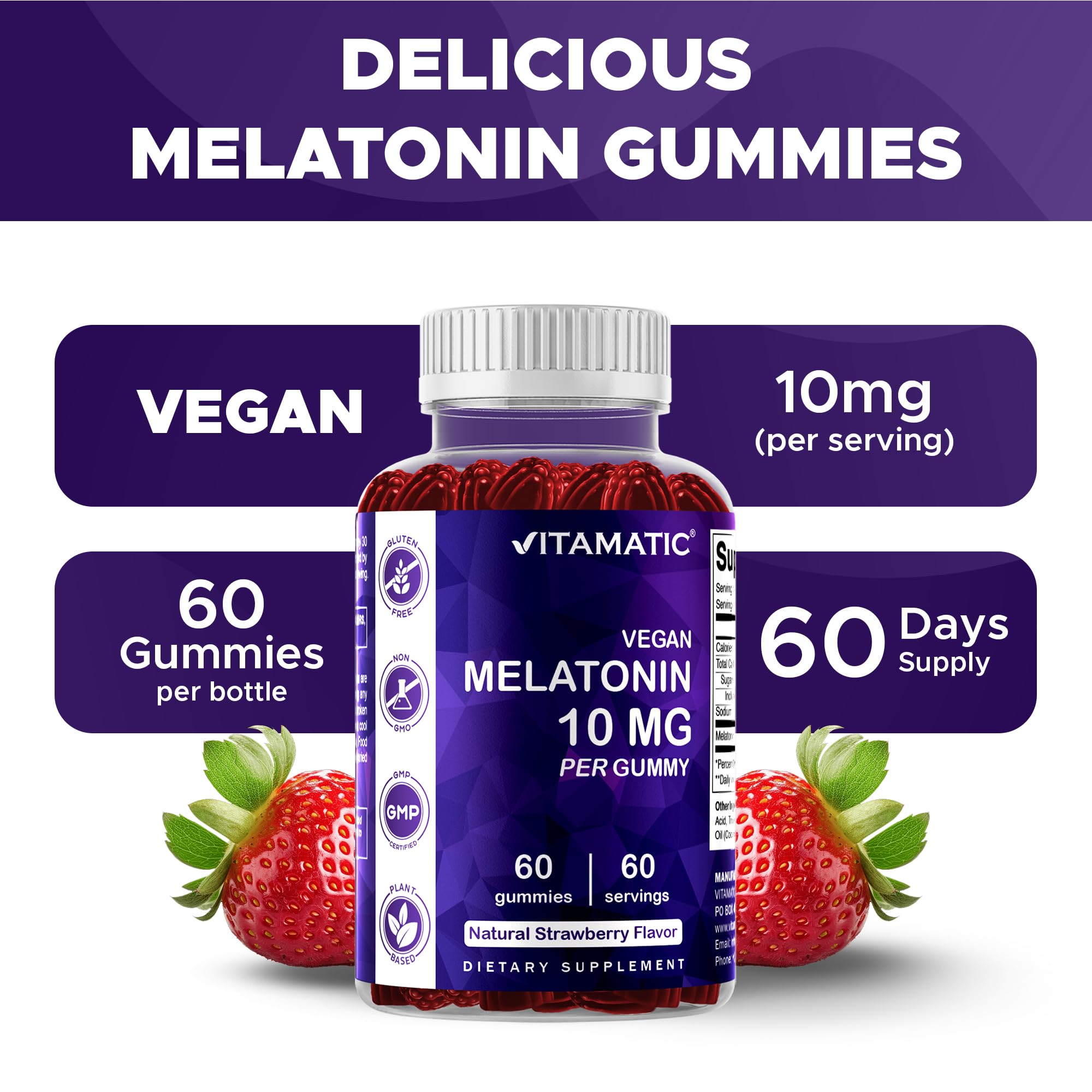 Vitamatic Melatonin Gummies displayed on a wooden table