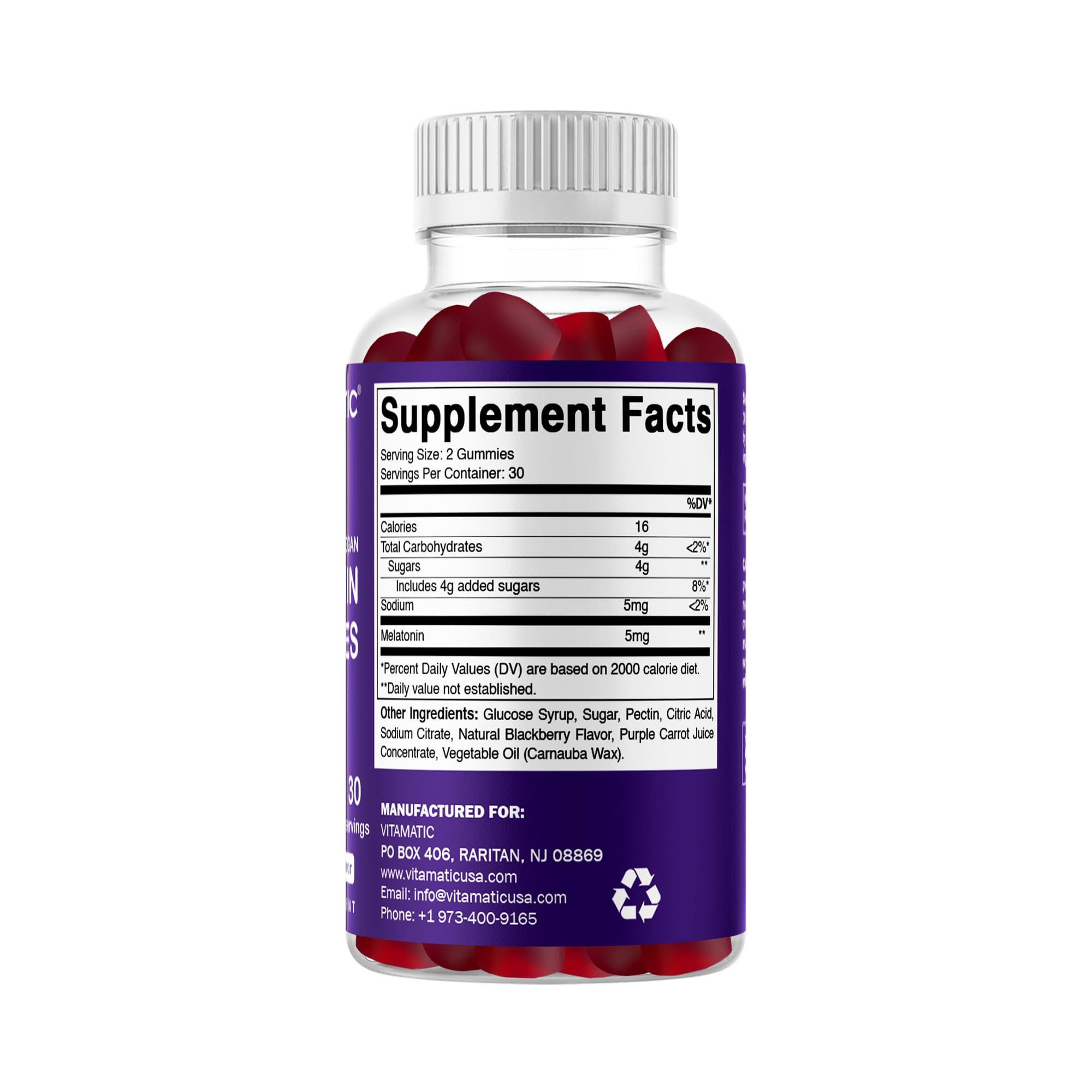 Vitamatic Melatonin Gummies displayed with fresh blackberries
