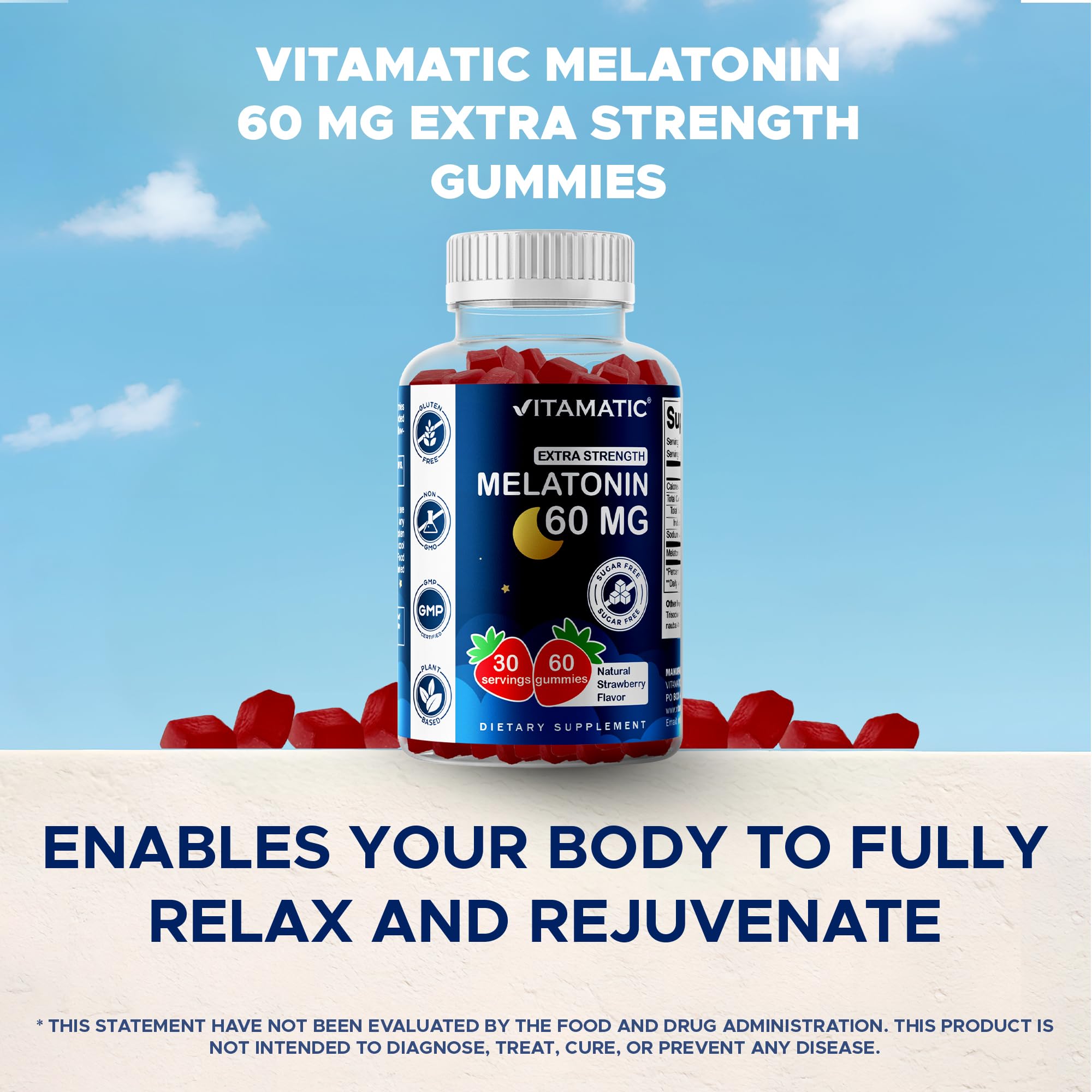 Vitamatic Melatonin Gummies displayed with fresh strawberries