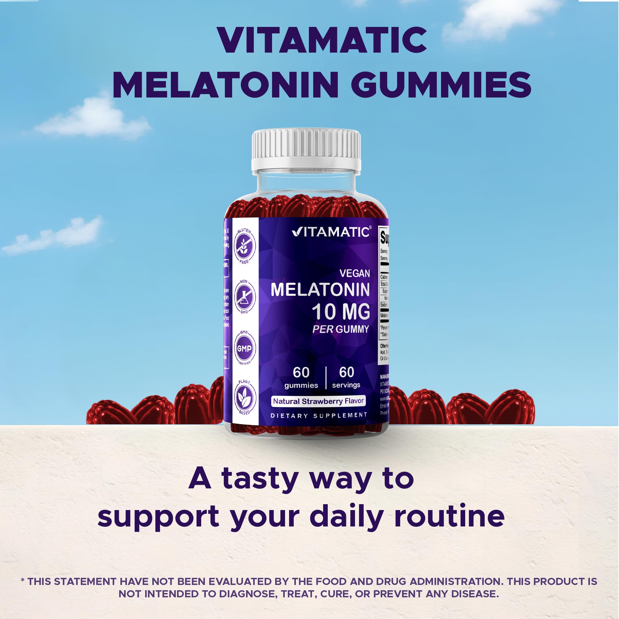 Vitamatic Melatonin Gummies in a bowl with fresh strawberries