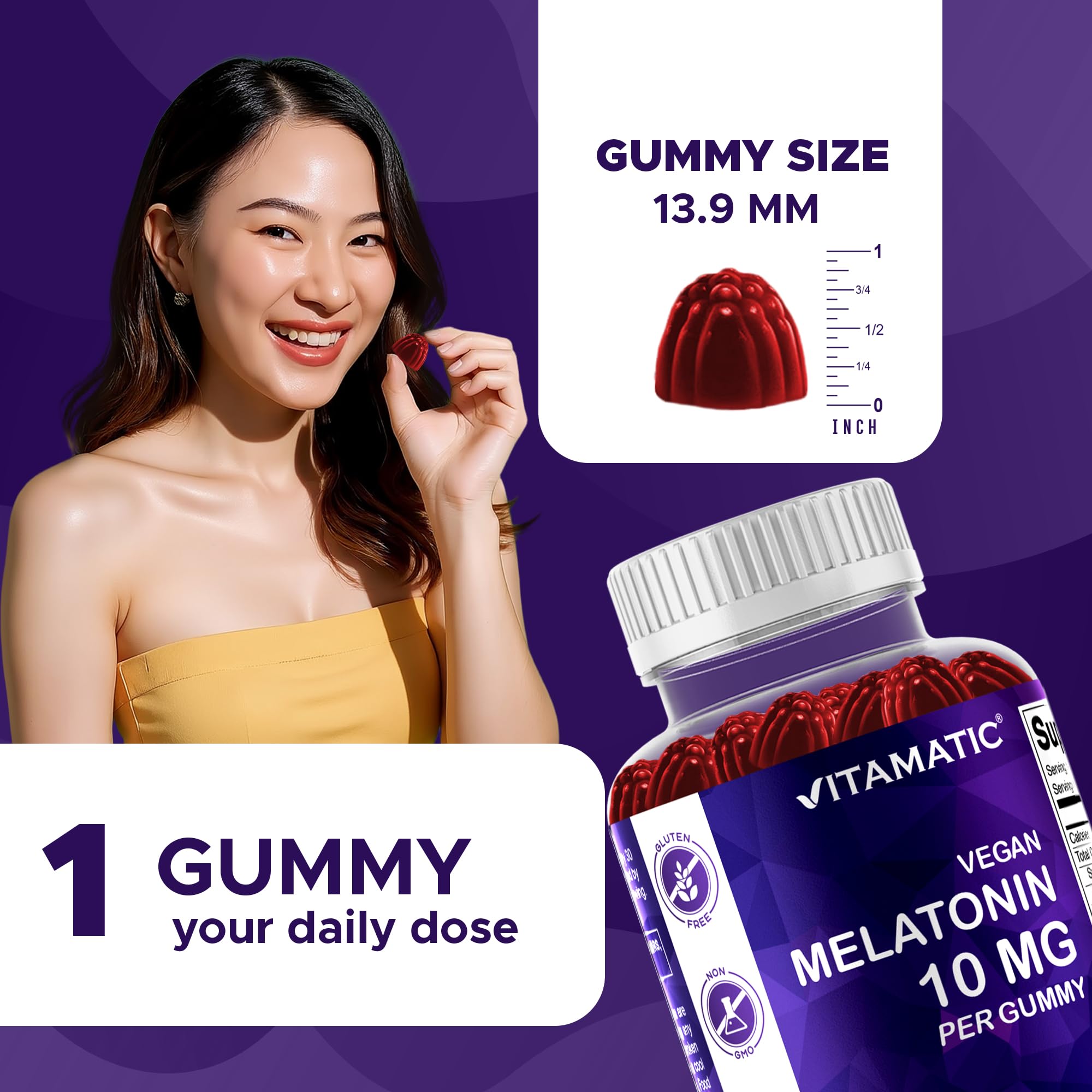 Vitamatic Melatonin Gummies open bottle showing gummies