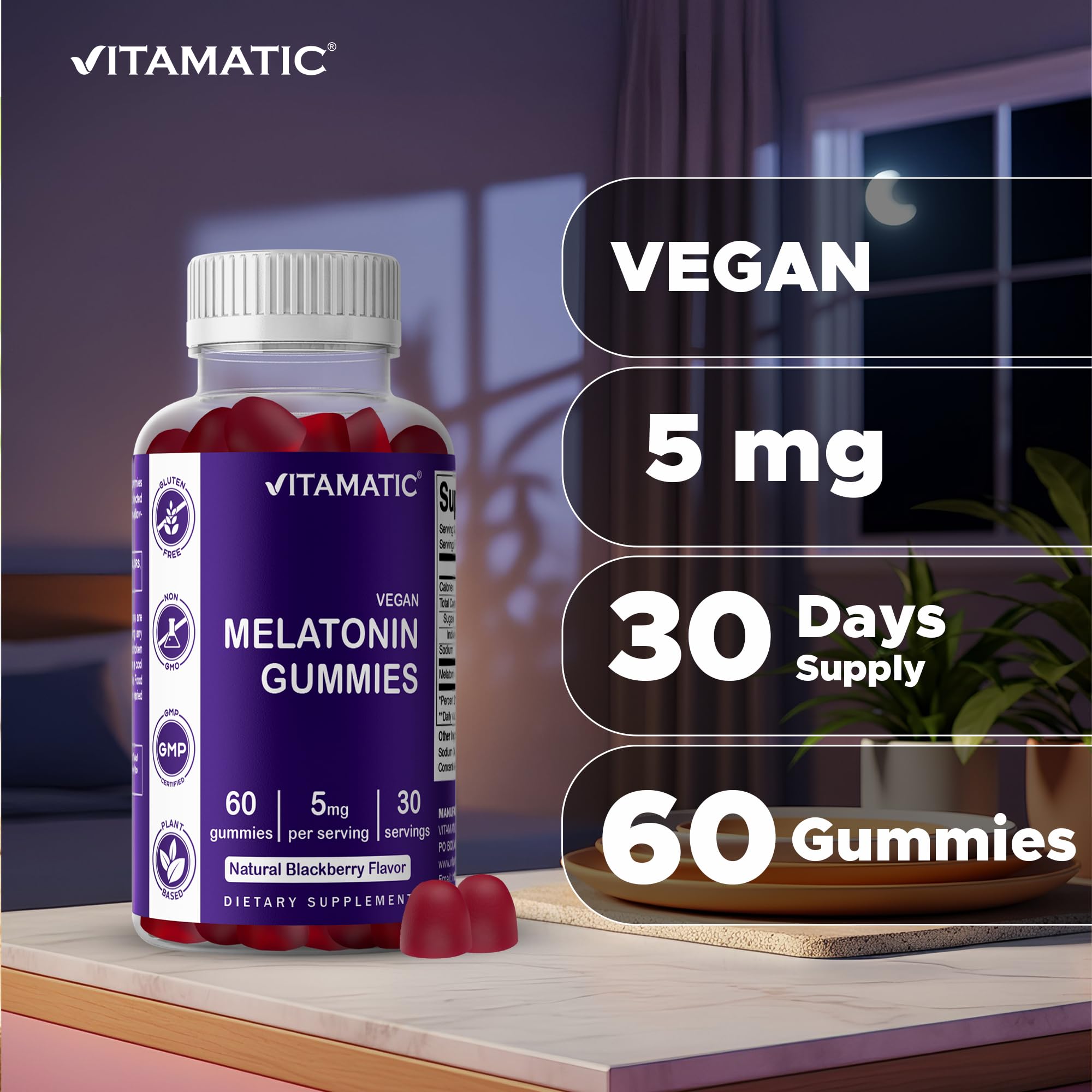 Vitamatic Melatonin Gummies packaging with a natural background