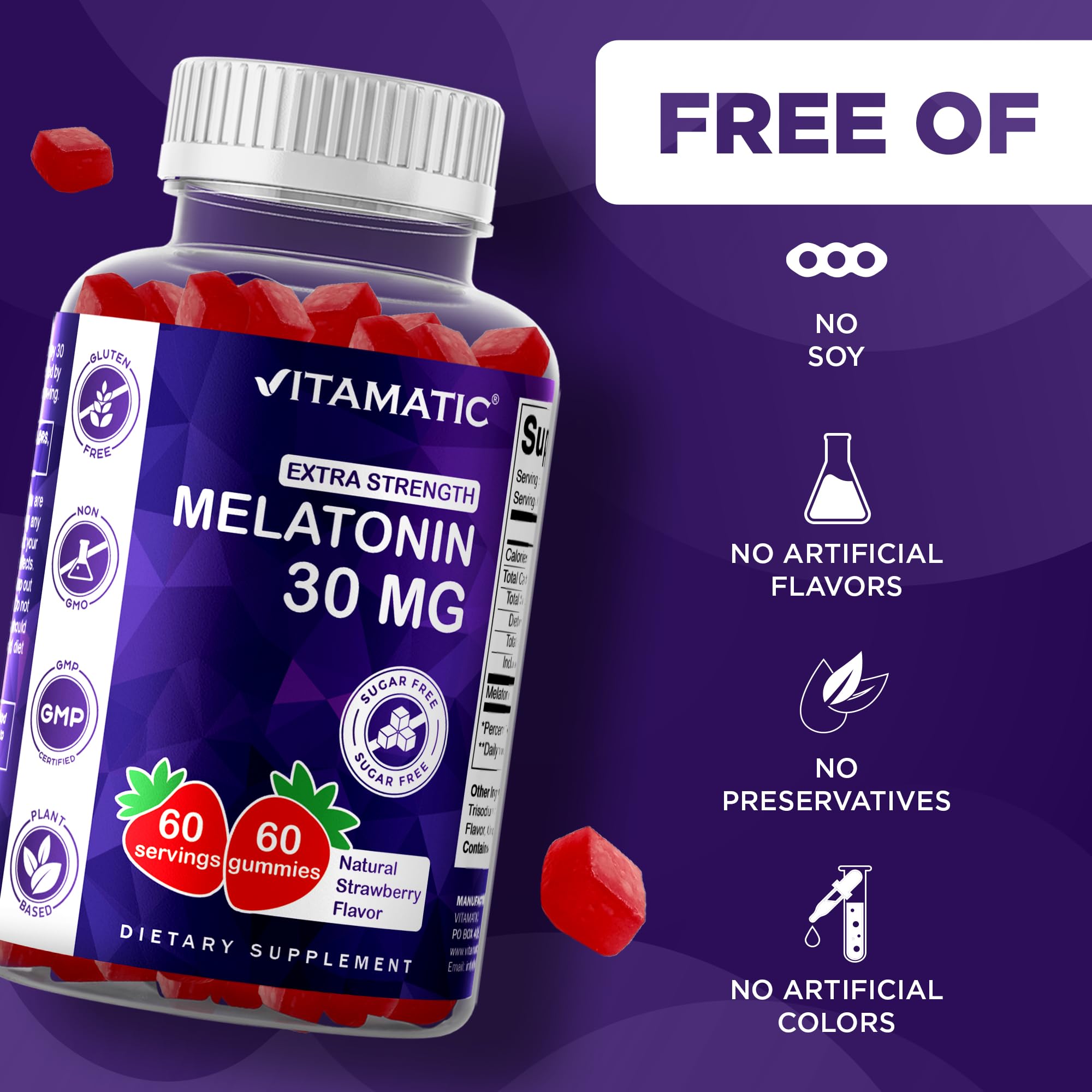 Vitamatic Melatonin Gummies with a close-up of the gummy shape