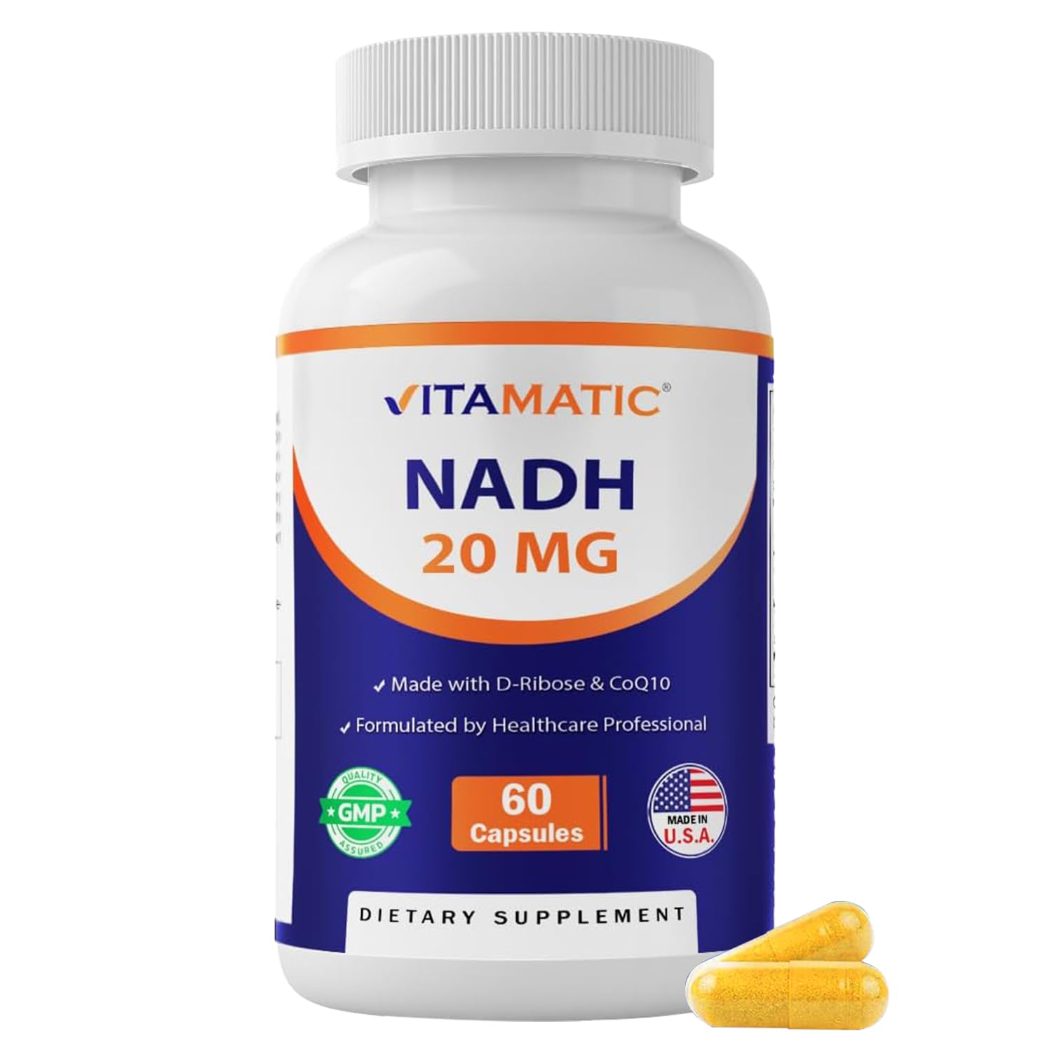 Vitamatic NADH Supplement 20mg front view with 60 capsules
