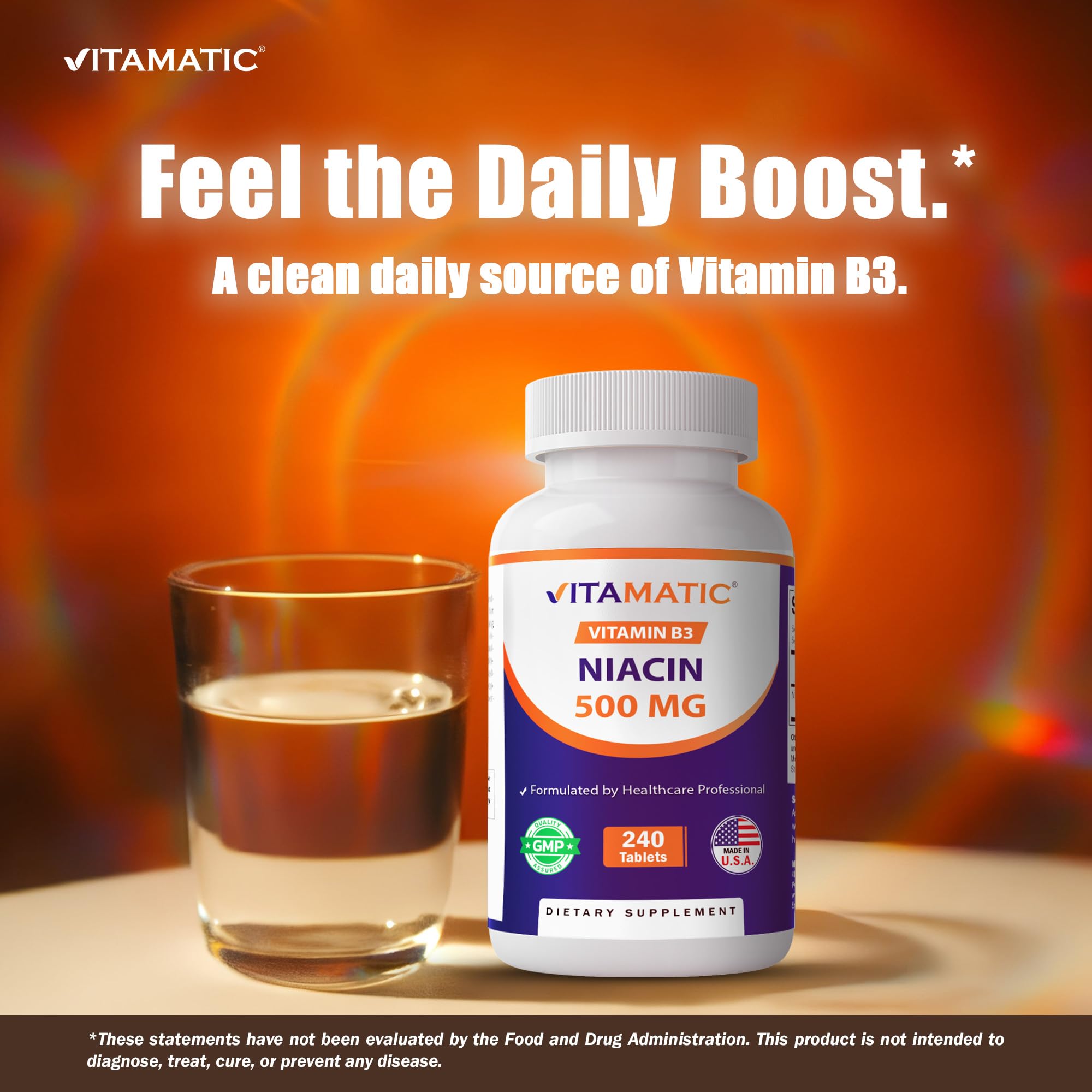 Vitamatic Niacin B3 500mg tablets back view showing ingredient list