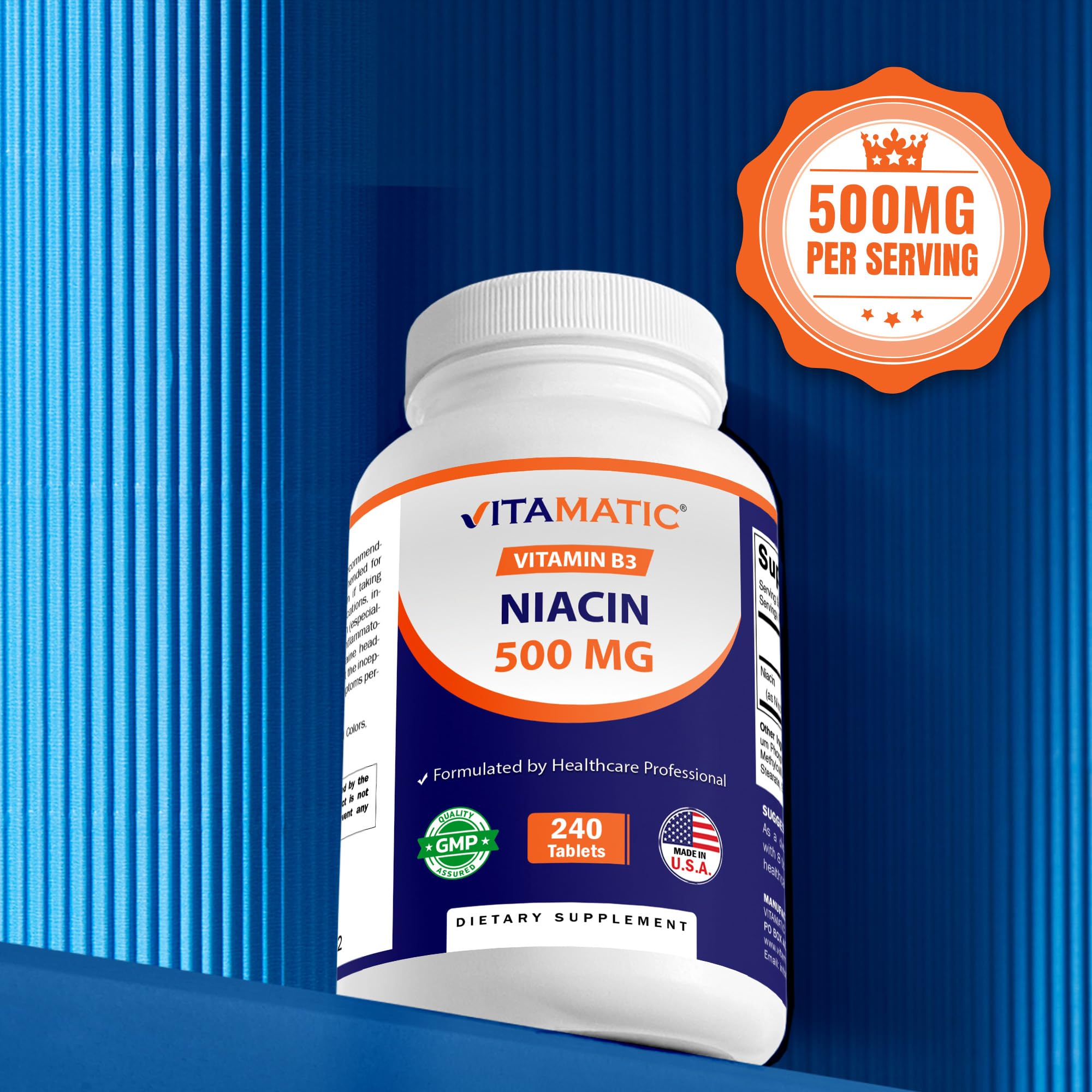 Vitamatic Niacin B3 500mg tablets in lifestyle setting with glass of water