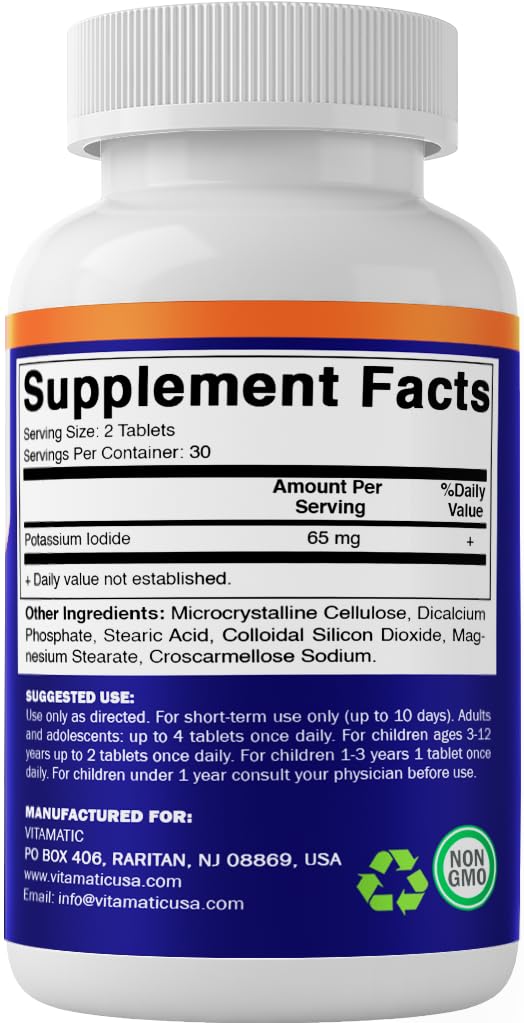 Vitamatic Potassium Iodide Tablets packaging dimensions on display