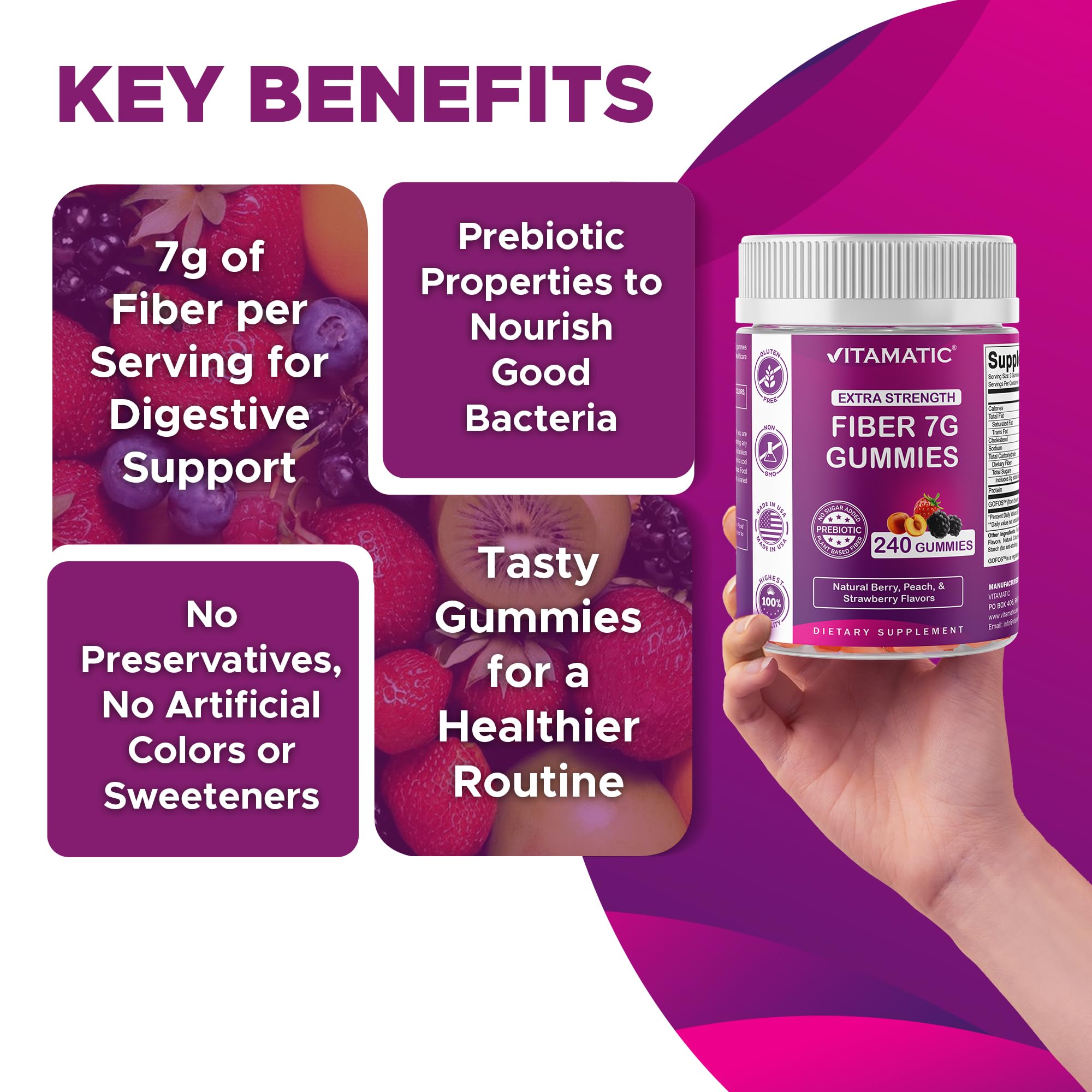 Vitamatic Prebiotic Fiber Gummies bottle side view with ingredients list