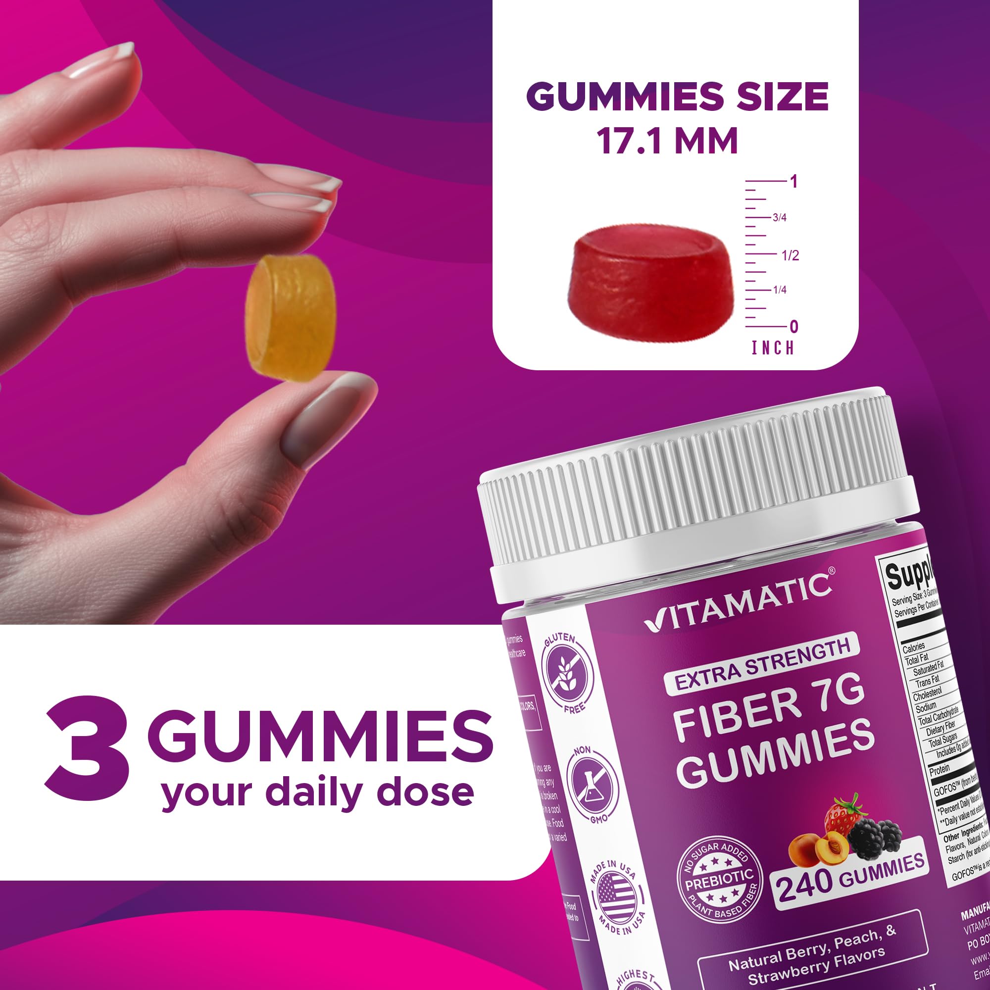 Vitamatic Prebiotic Fiber Gummies packaging with natural flavours