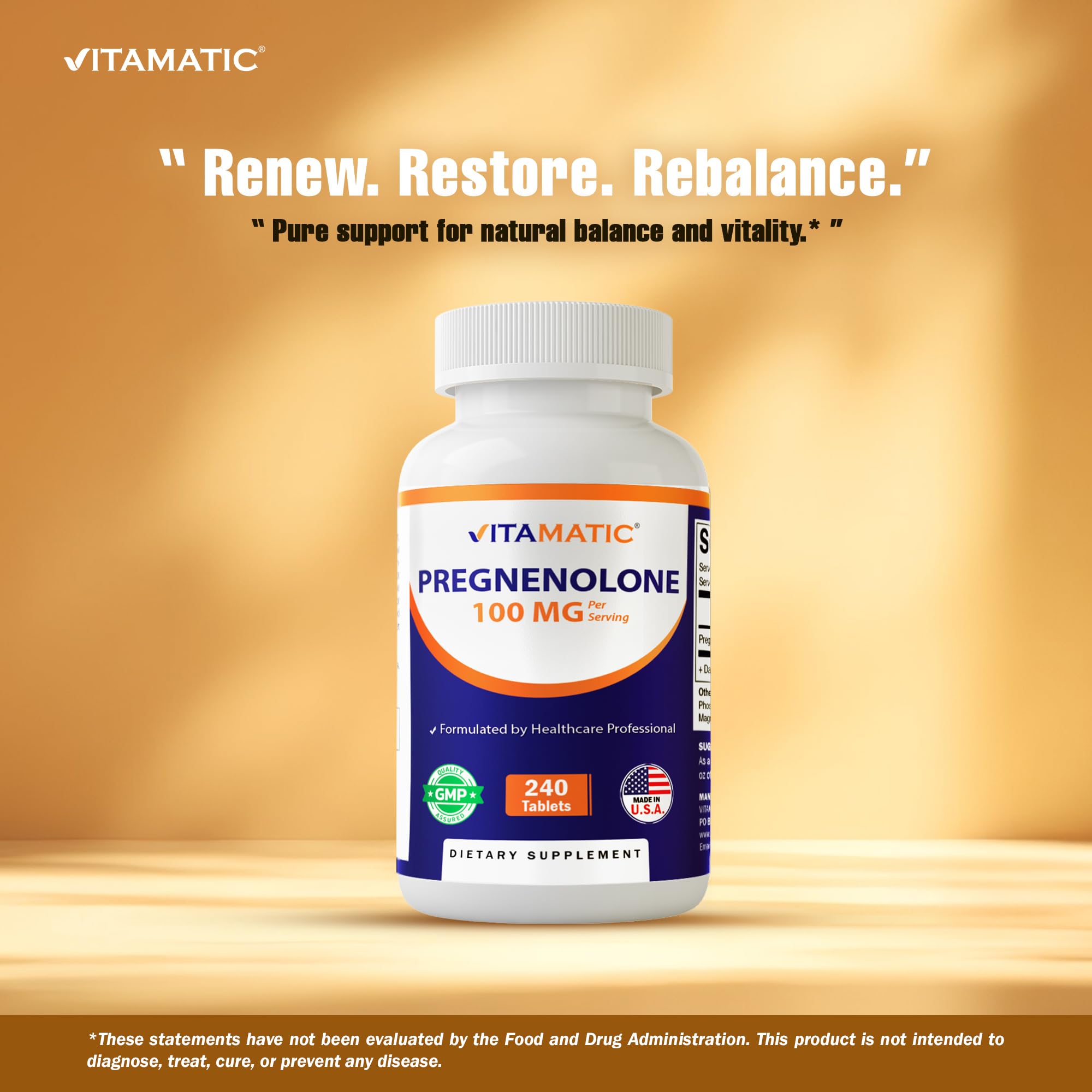 Vitamatic Pregnenolone Supplement bottle on a wooden table
