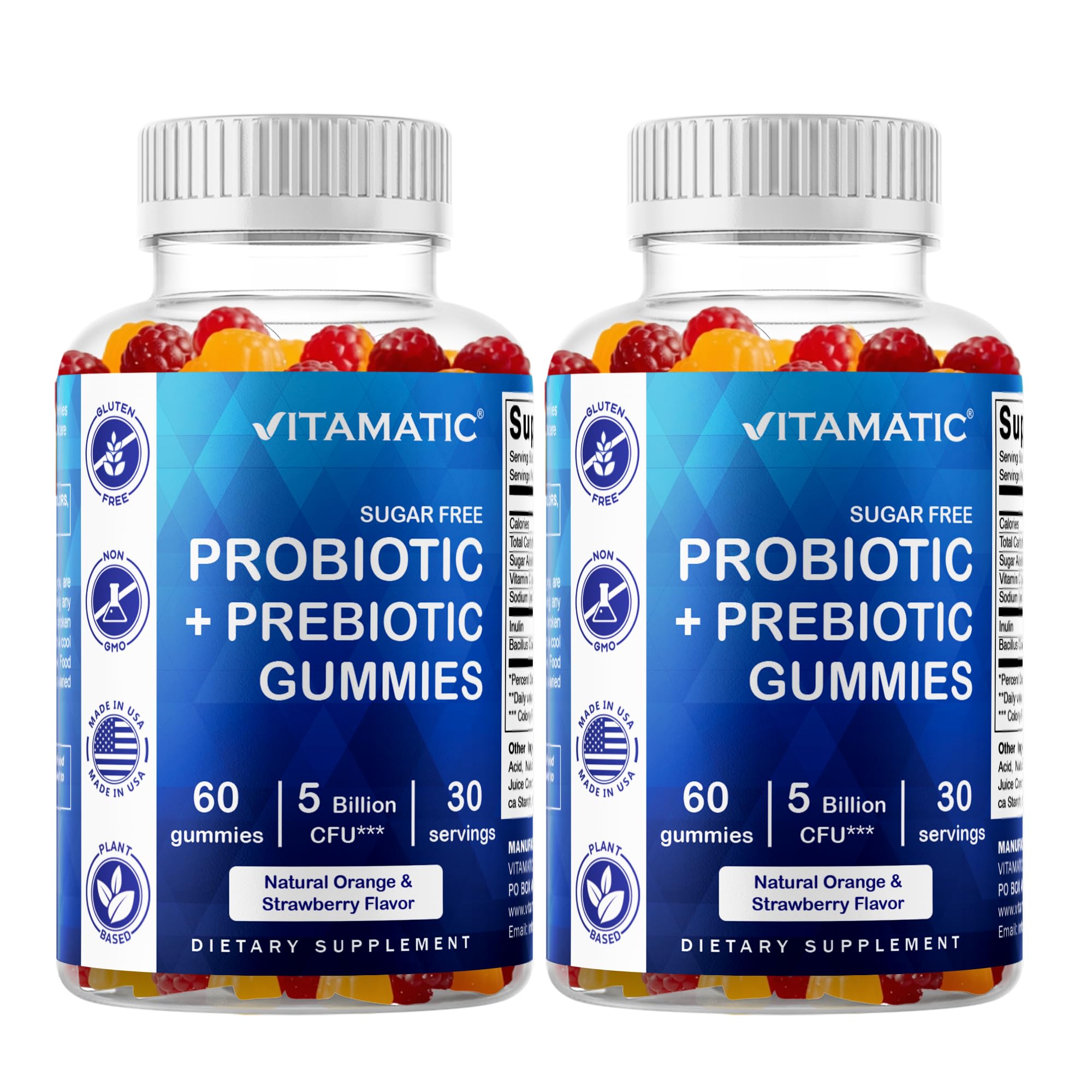 Vitamatic Probiotic Gummies front view packaging with strawberry and orange flavour