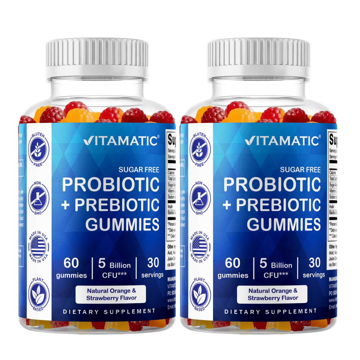 Vitamatic Probiotic Gummies front view packaging with strawberry and orange flavour
