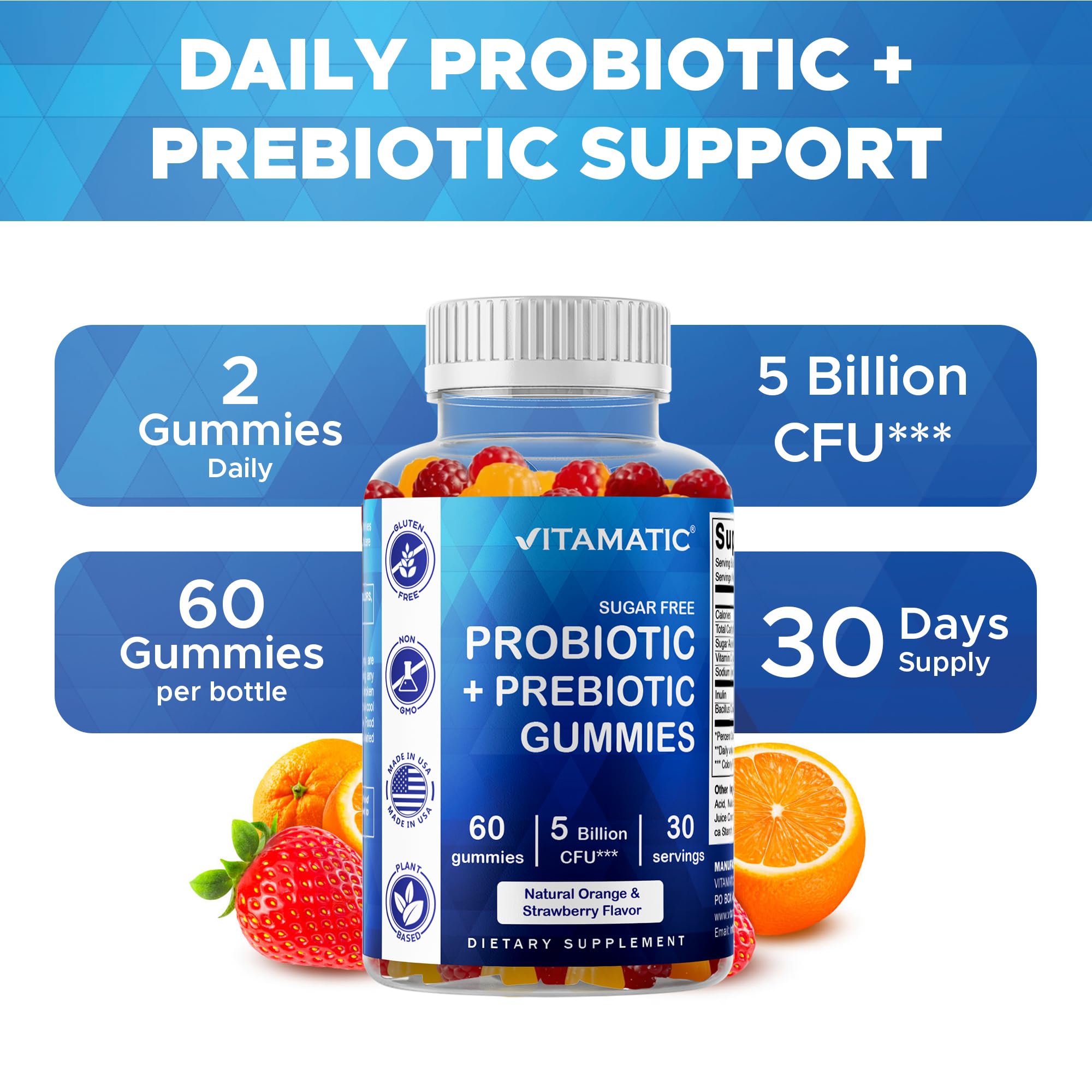Vitamatic Probiotic Gummies in a bowl with fresh strawberries and oranges