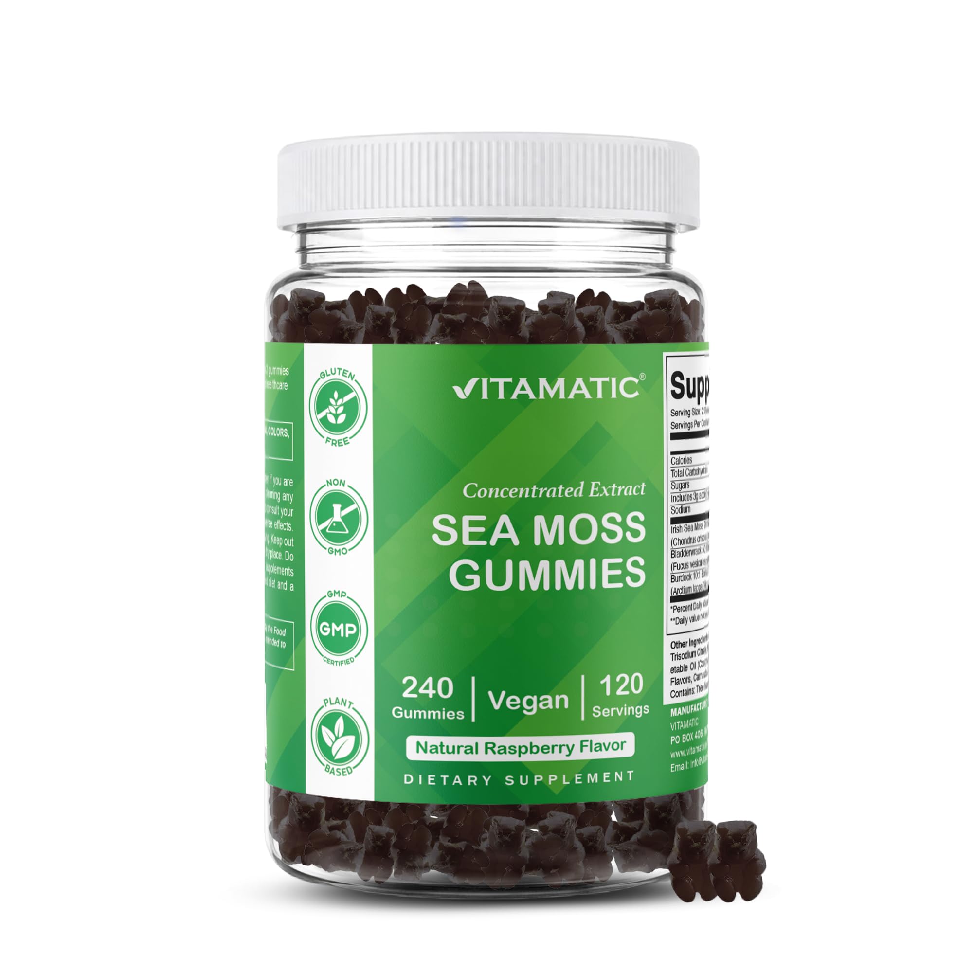 Vitamatic Sea Moss Gummies 240 Vegan Gummies front view with raspberry flavour