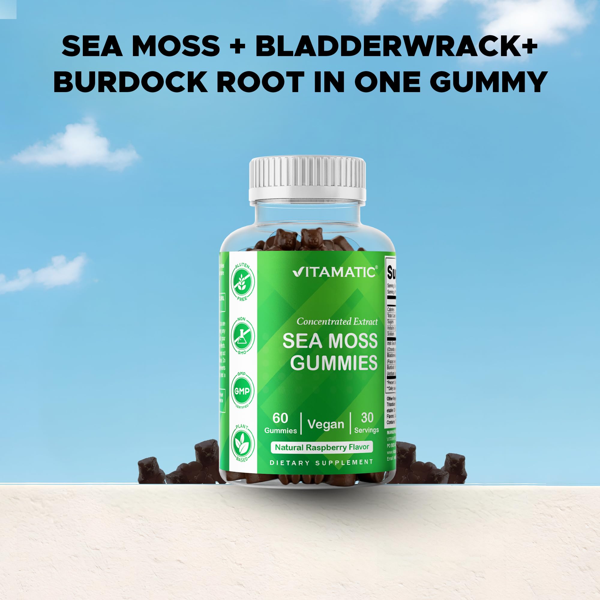 Vitamatic Sea Moss Gummies back view with nutritional information