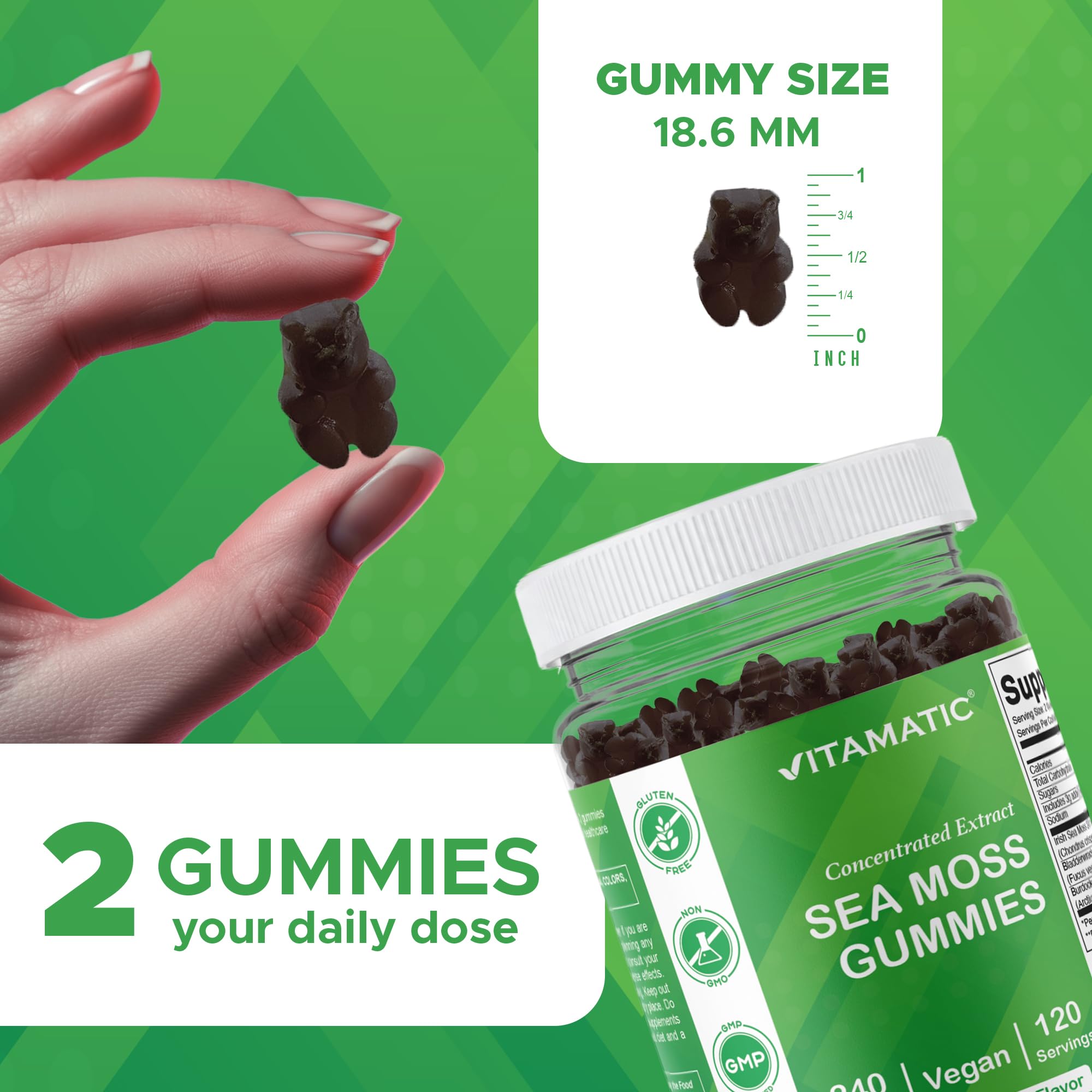 Vitamatic Sea Moss Gummies displayed on a wooden table with fresh raspberries
