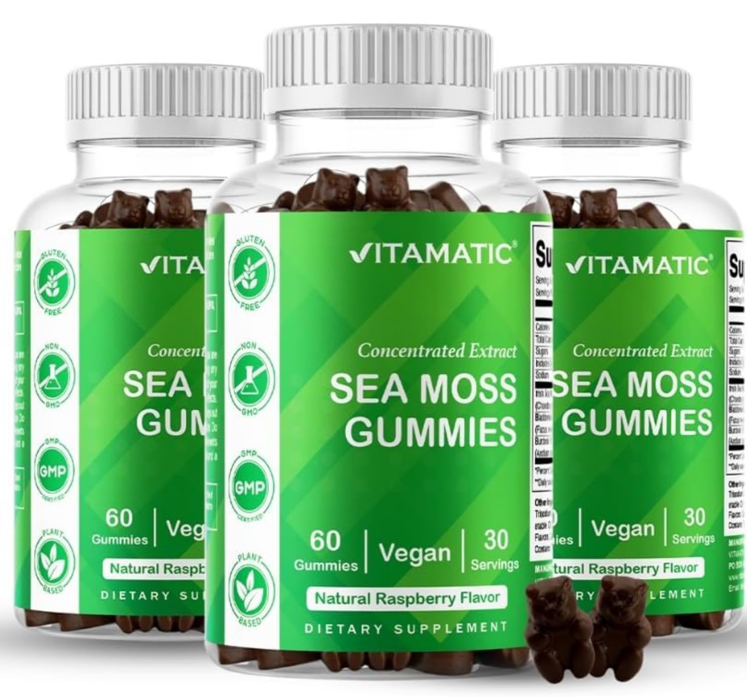 Vitamatic Sea Moss Gummies front view with raspberry flavour