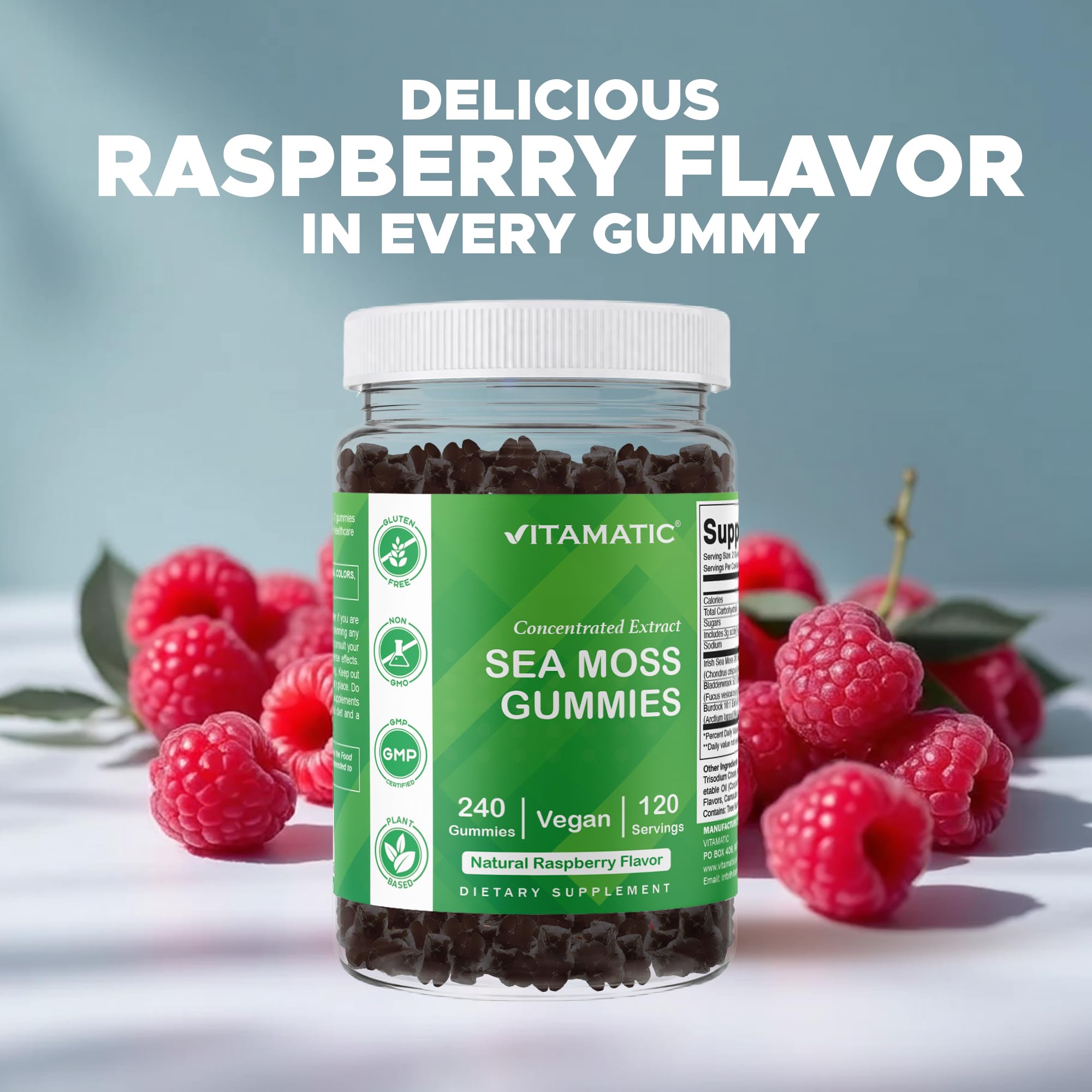 Vitamatic Sea Moss Gummies in a bowl with a few gummies scattered around