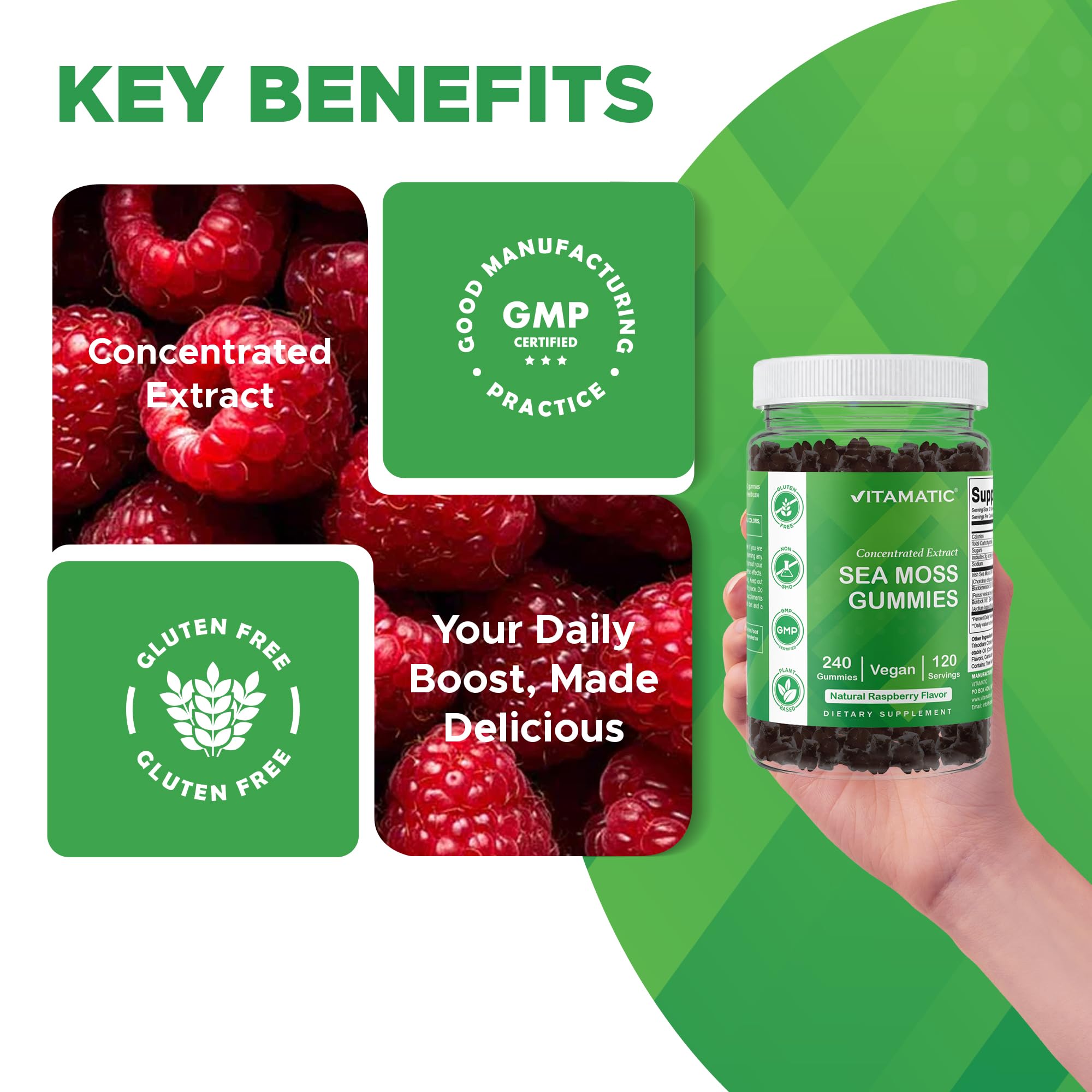 Vitamatic Sea Moss Gummies with a background of herbal ingredients