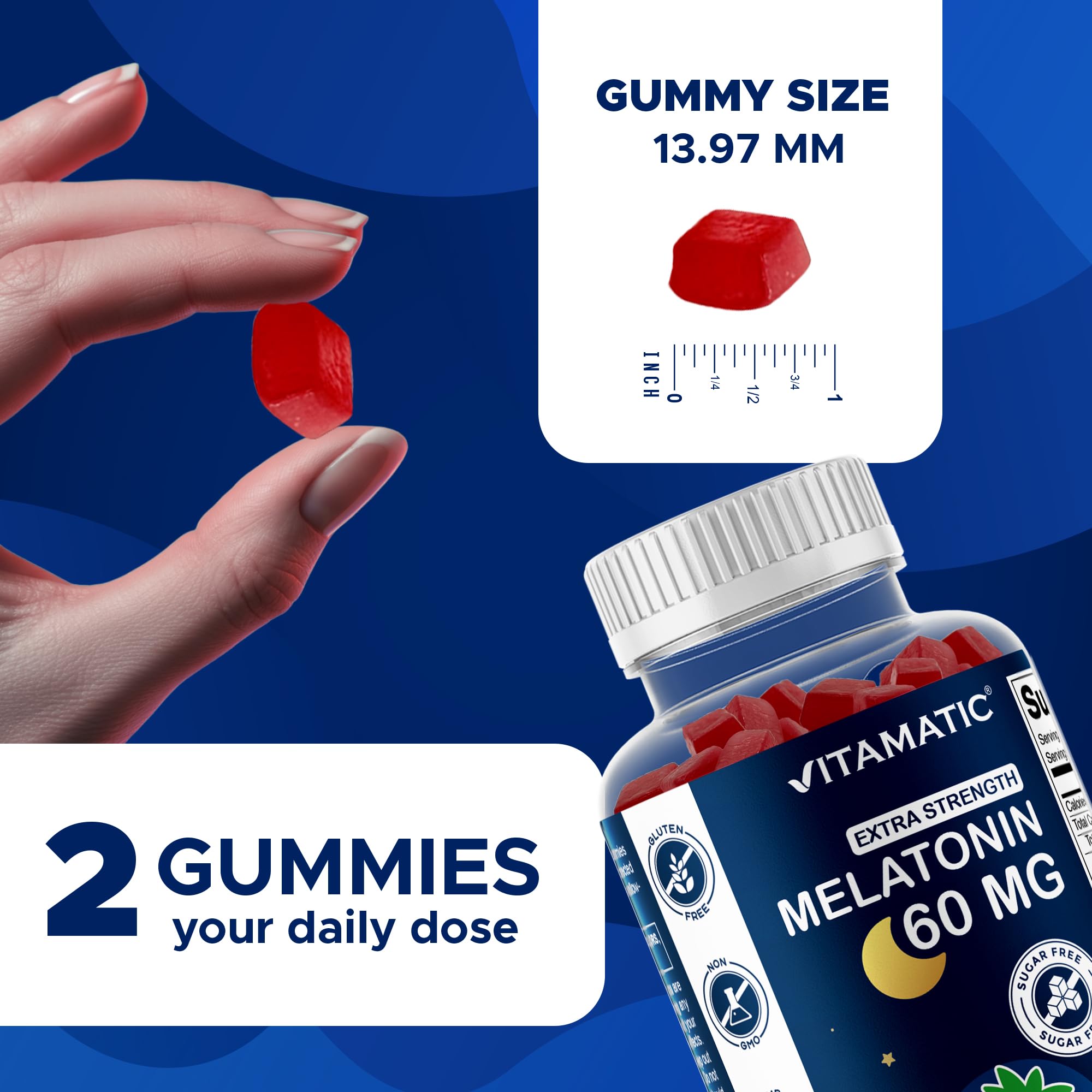 Vitamatic Sugar Free Melatonin Gummies with a natural strawberry background