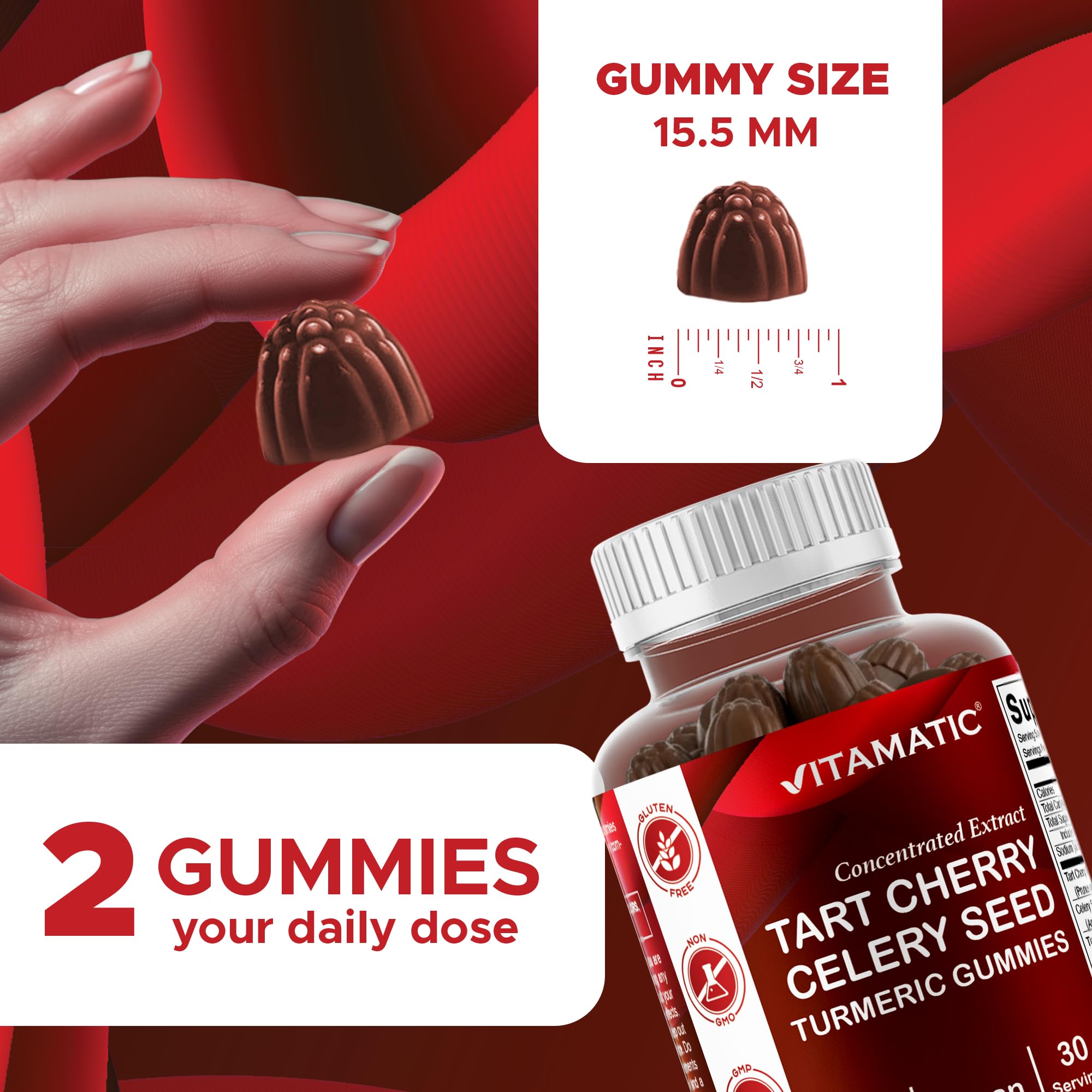 Vitamatic Tart Cherry Gummies on a wooden table