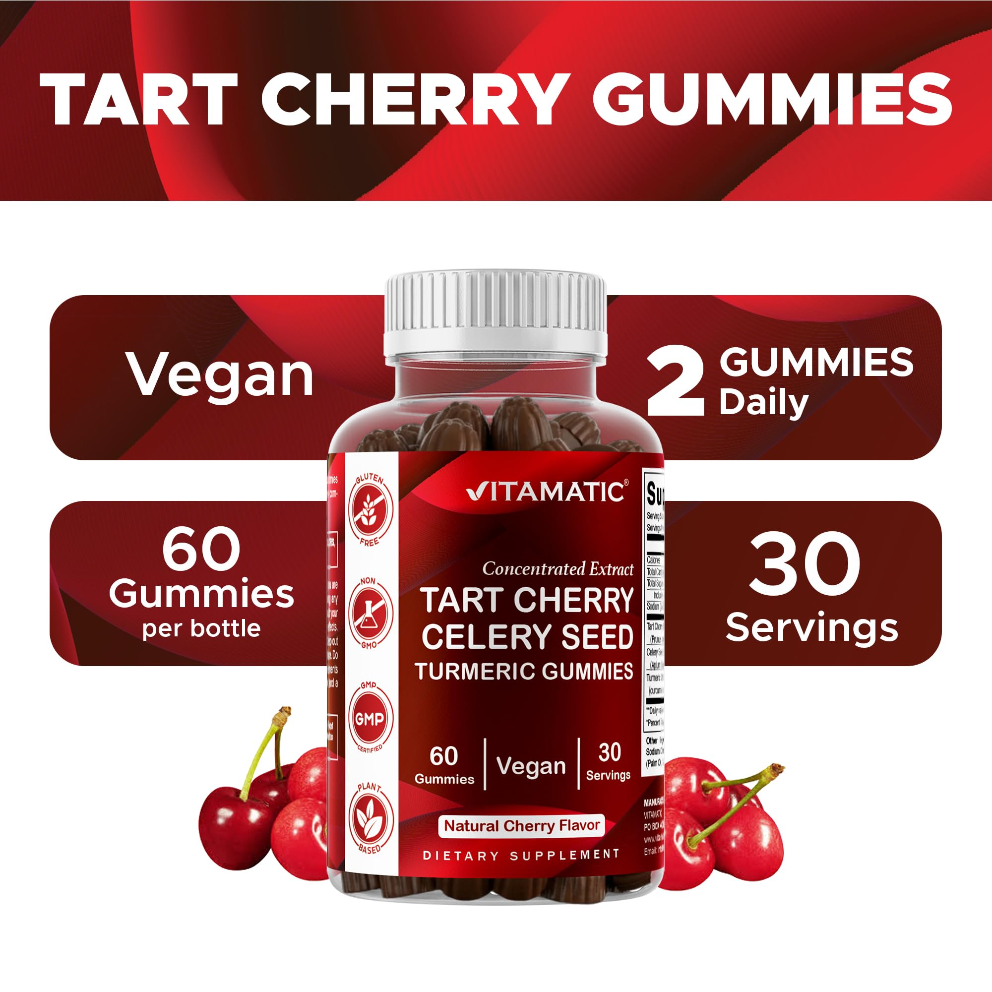 Vitamatic Tart Cherry Gummies side view with ingredients list