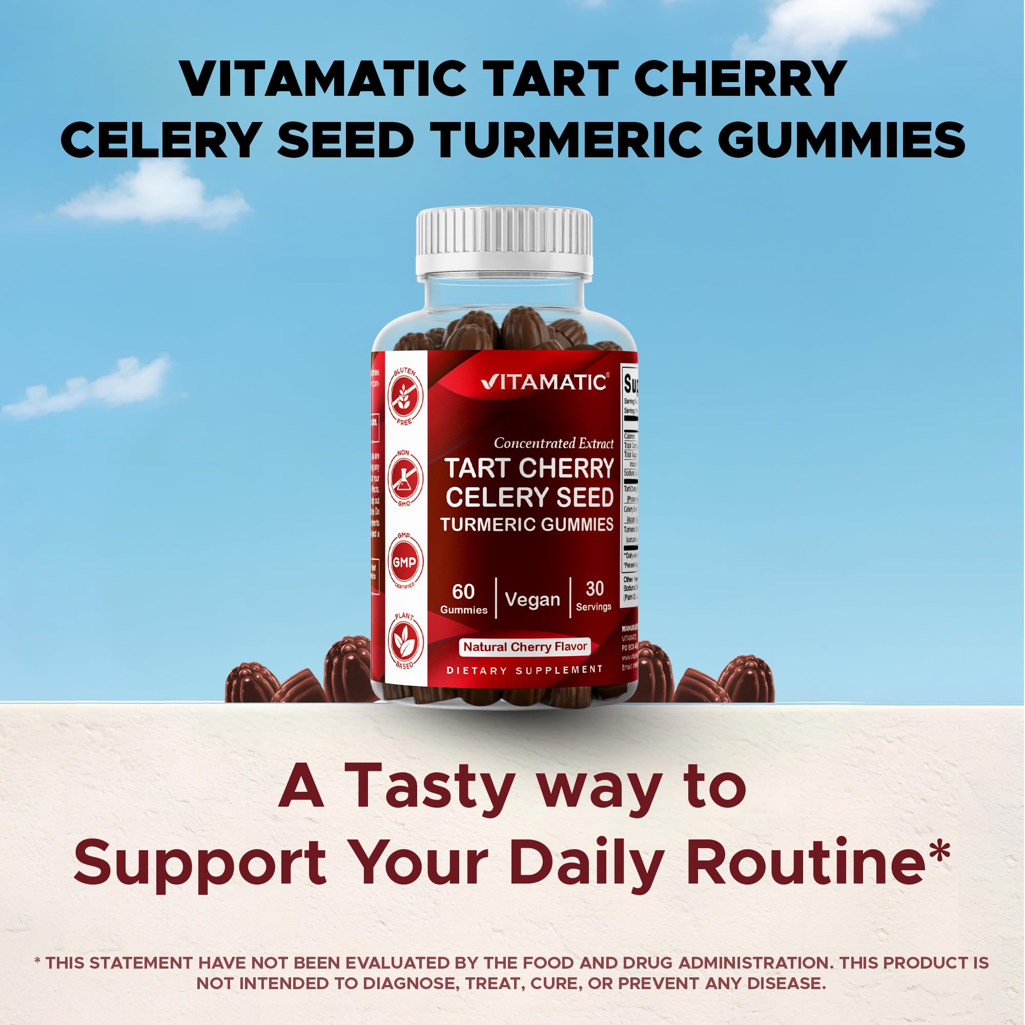 Vitamatic Tart Cherry Gummies with a measuring spoon