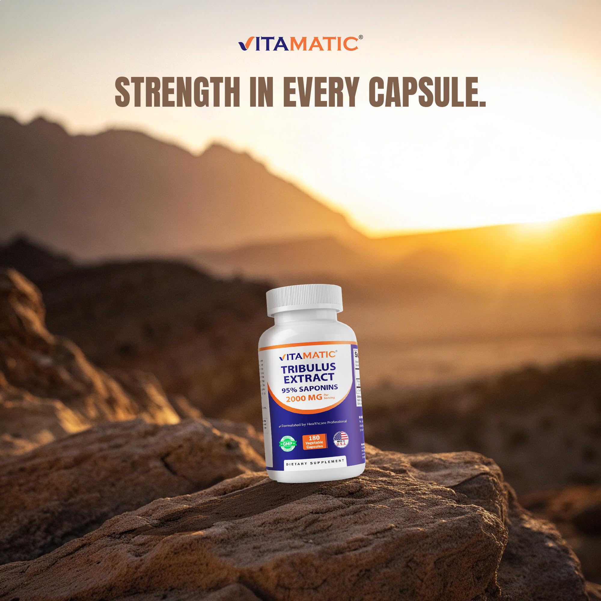 Vitamatic Tribulus Supplement 95% Saponins capsules on a table
