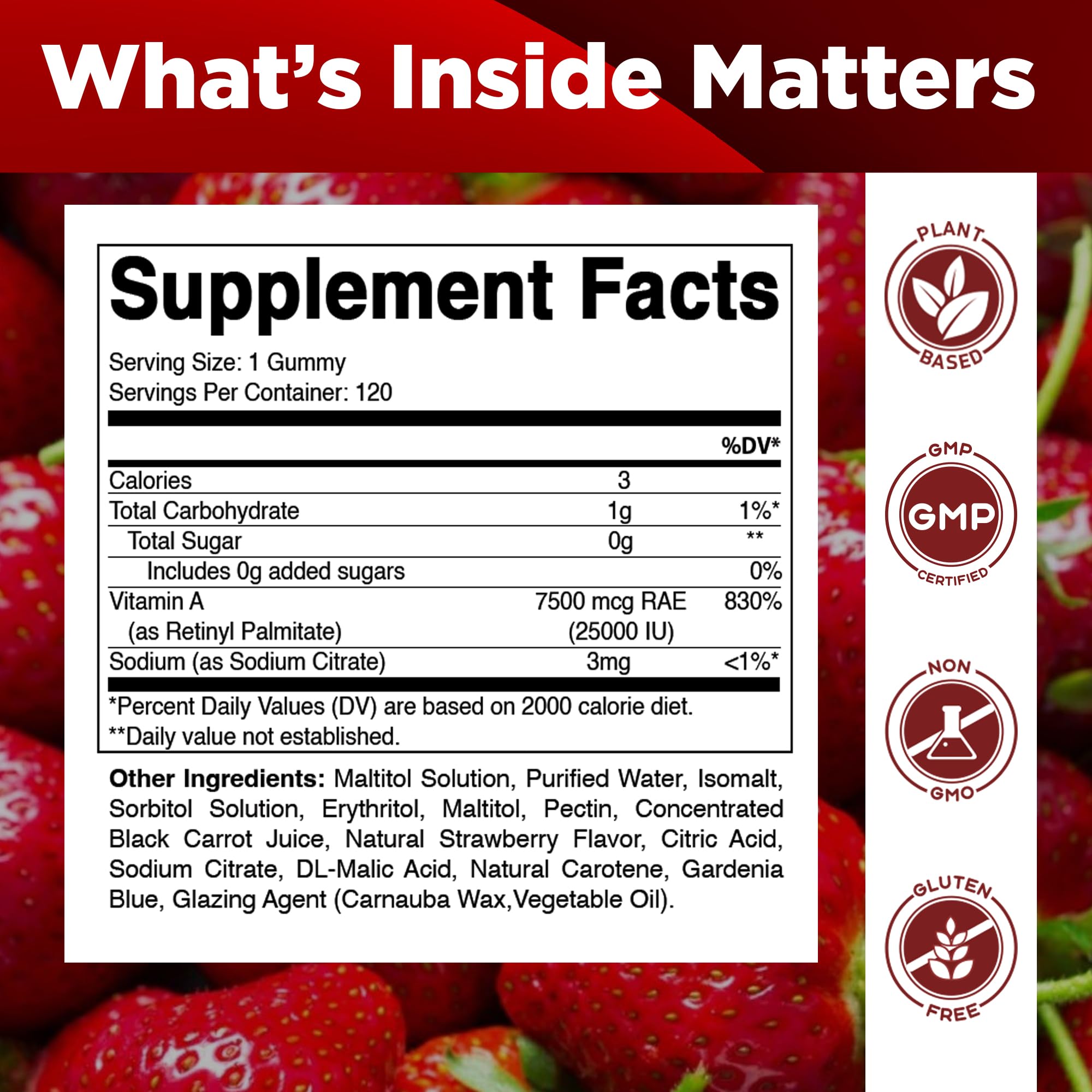 Vitamatic Vitamin A Supplement 331g side view showing ingredients