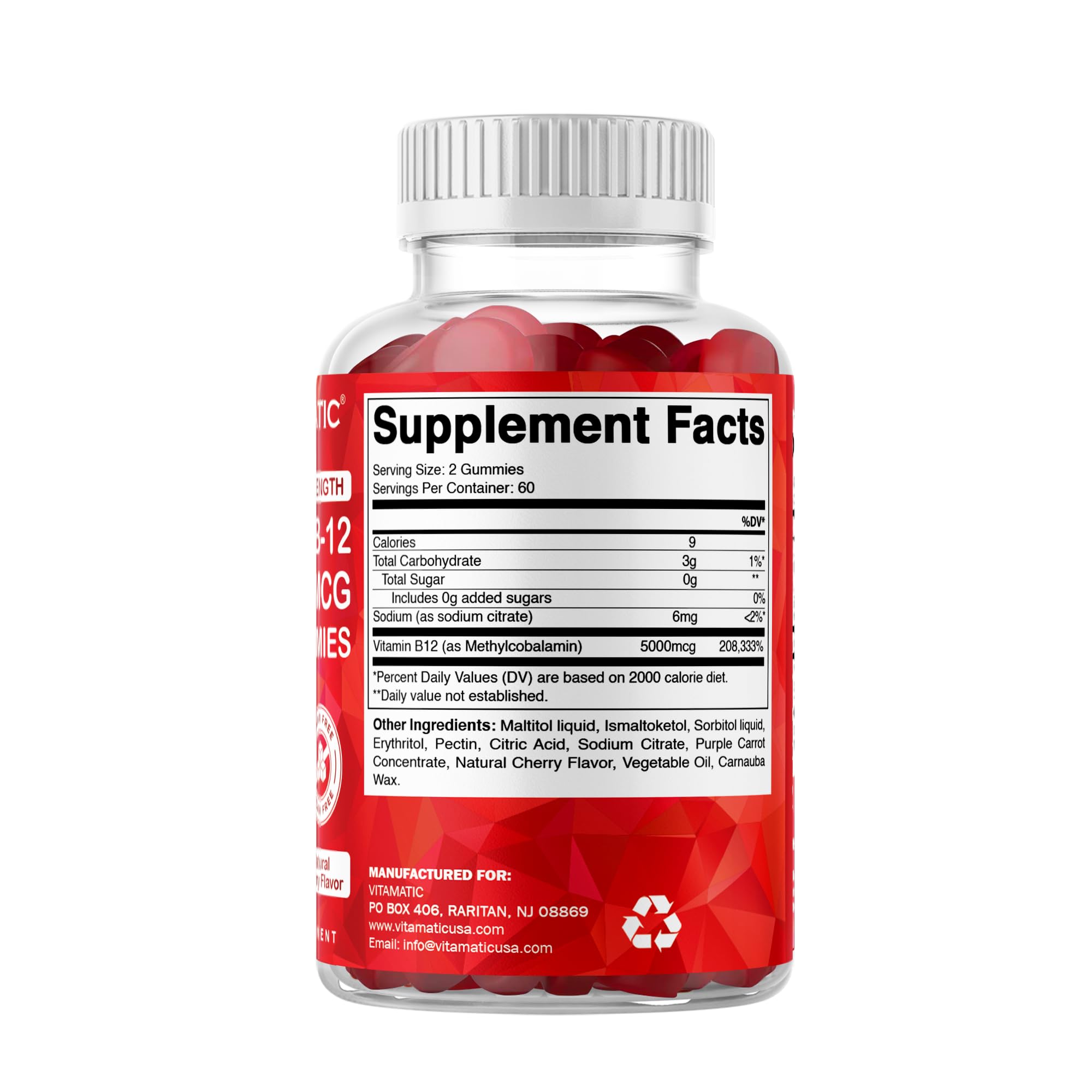 Vitamatic Vitamin B12 Cherry Flavour 481g on a table