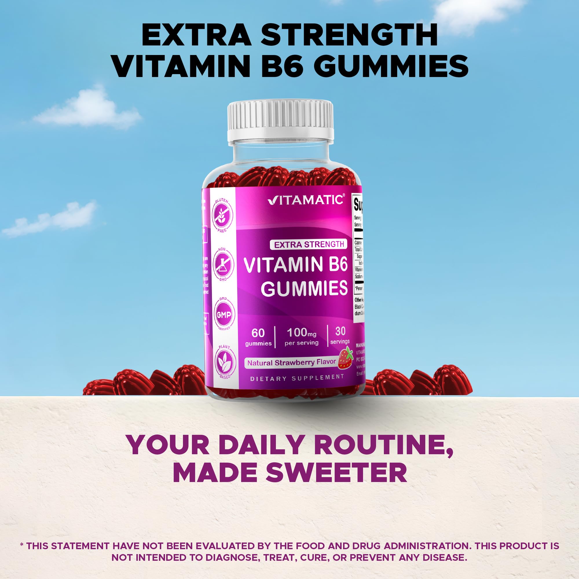 Vitamatic Vitamin B12 Gummies 400g lifestyle scene with a glass of water