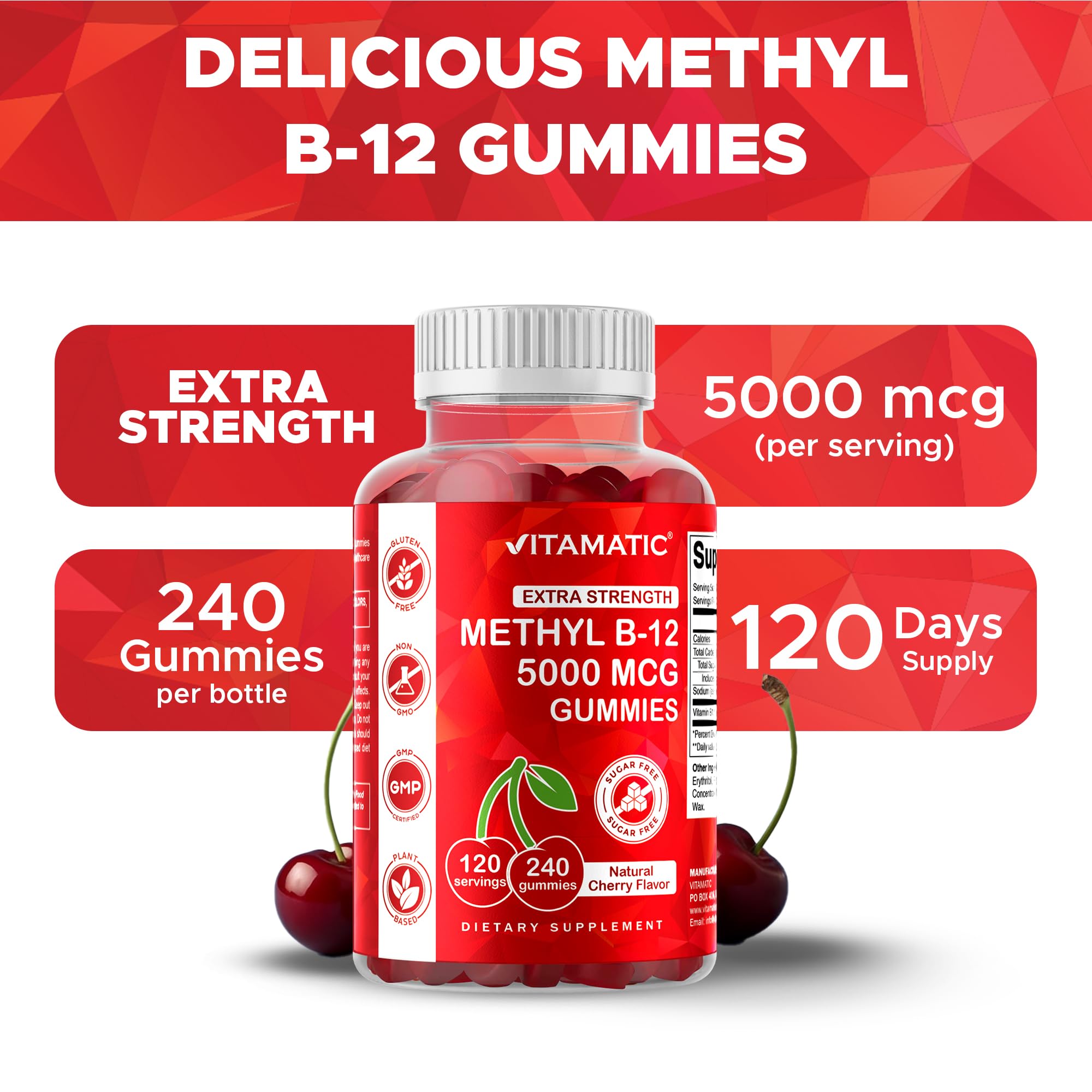 Vitamatic Vitamin B12 Gummies with natural cherry flavour ingredients