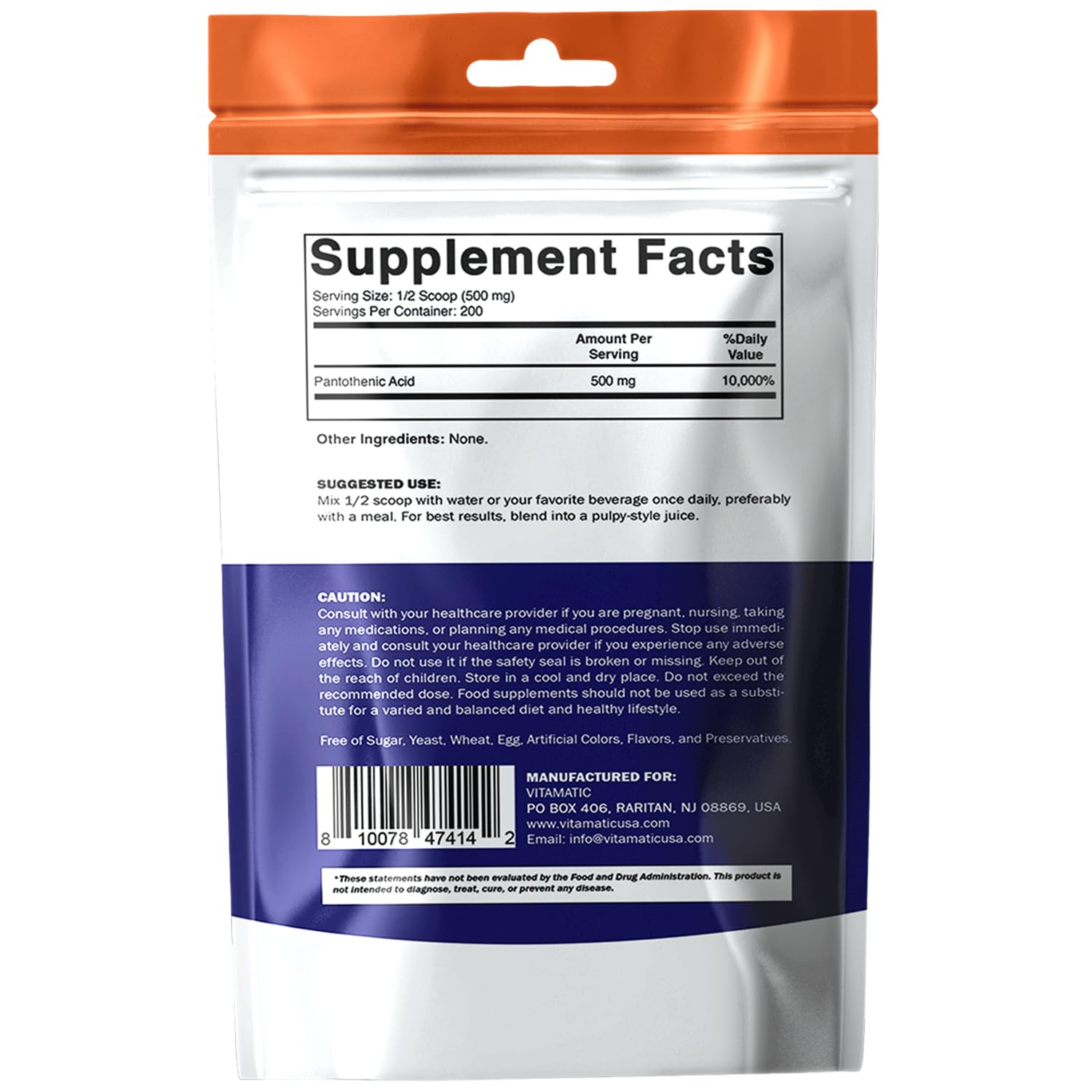 Vitamatic Vitamin B5 Pantothenic Acid Supplement on a table