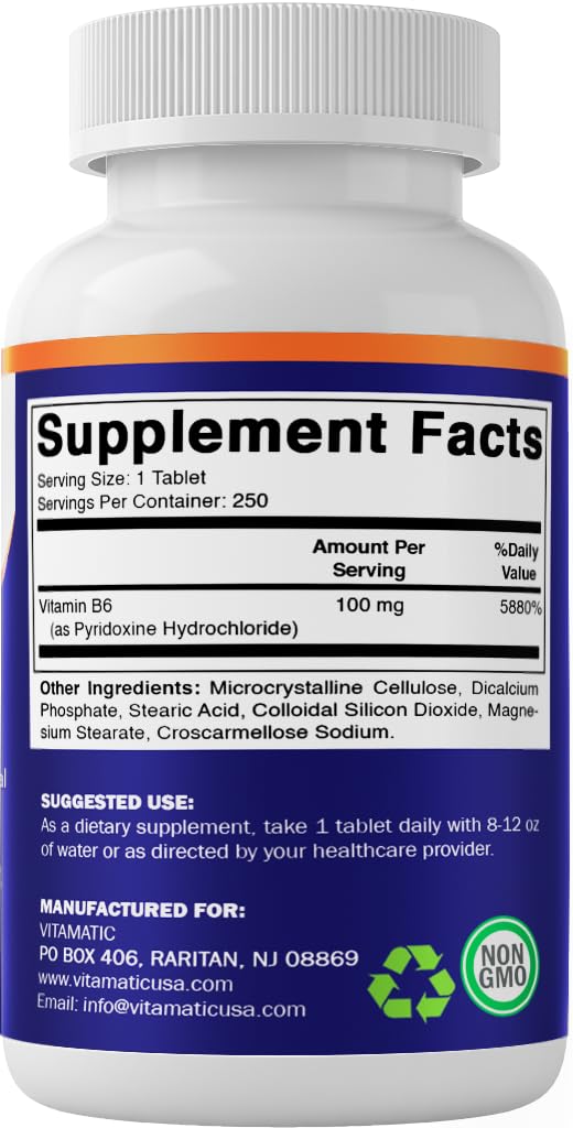 Vitamatic Vitamin B6 100mg supplement displayed with other vitamins