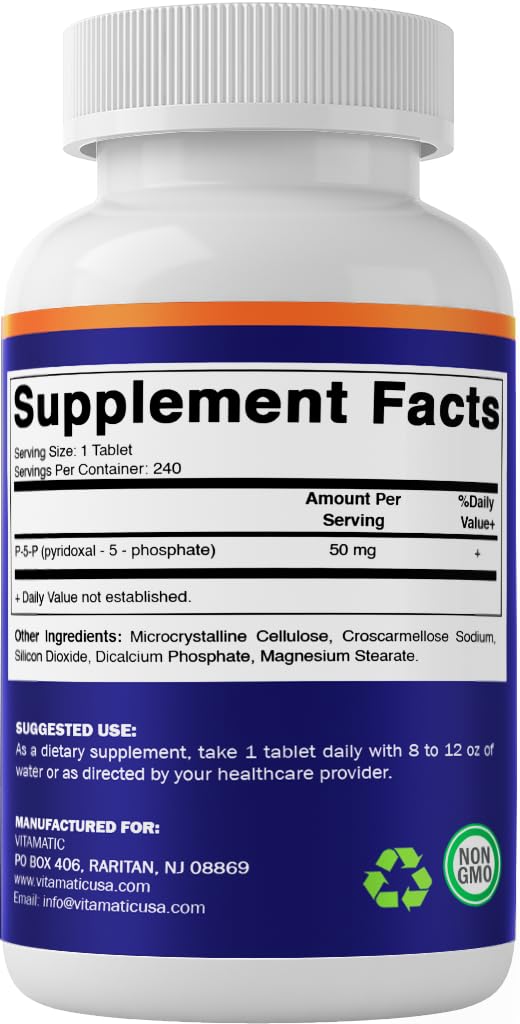Vitamatic Vitamin B6 P5P 50mg bottle with a measuring spoon