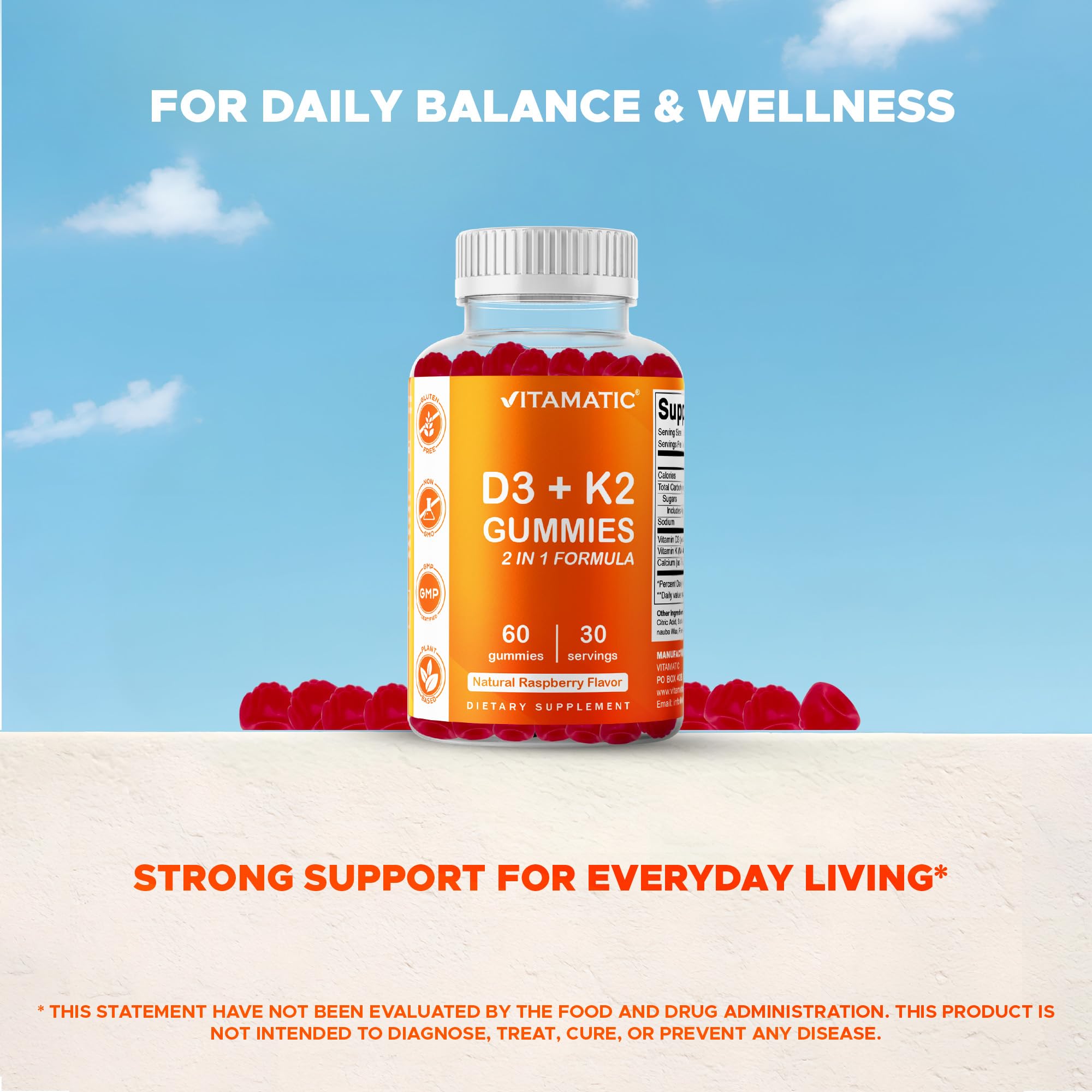 Vitamatic Vitamin D3 & K2 Gummies in a bowl