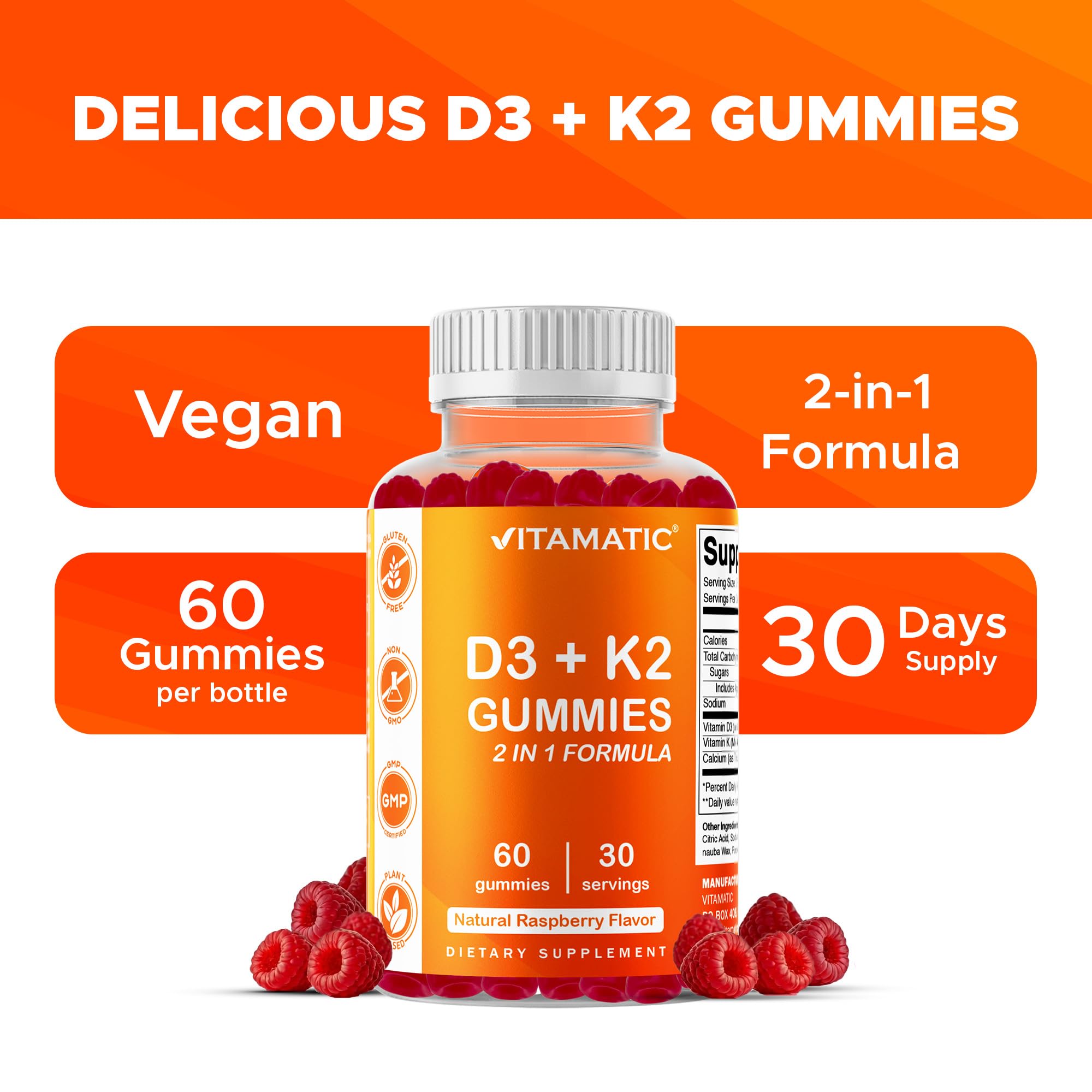Vitamatic Vitamin D3 & K2 Gummies on a wooden table