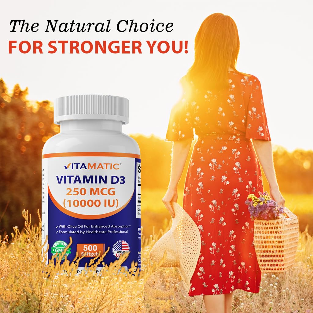Vitamatic Vitamin D3 Mini Softgels on a wooden table