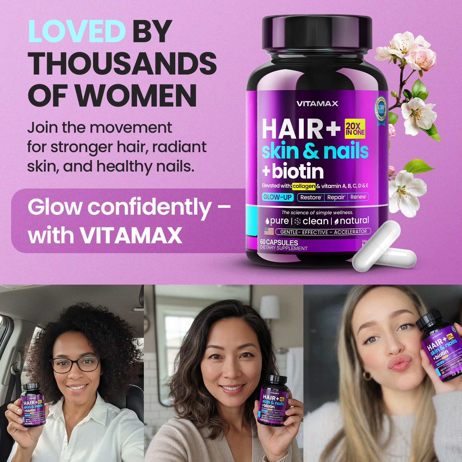 Vitamax Hair, Skin & Nails Supplement packaging on a table